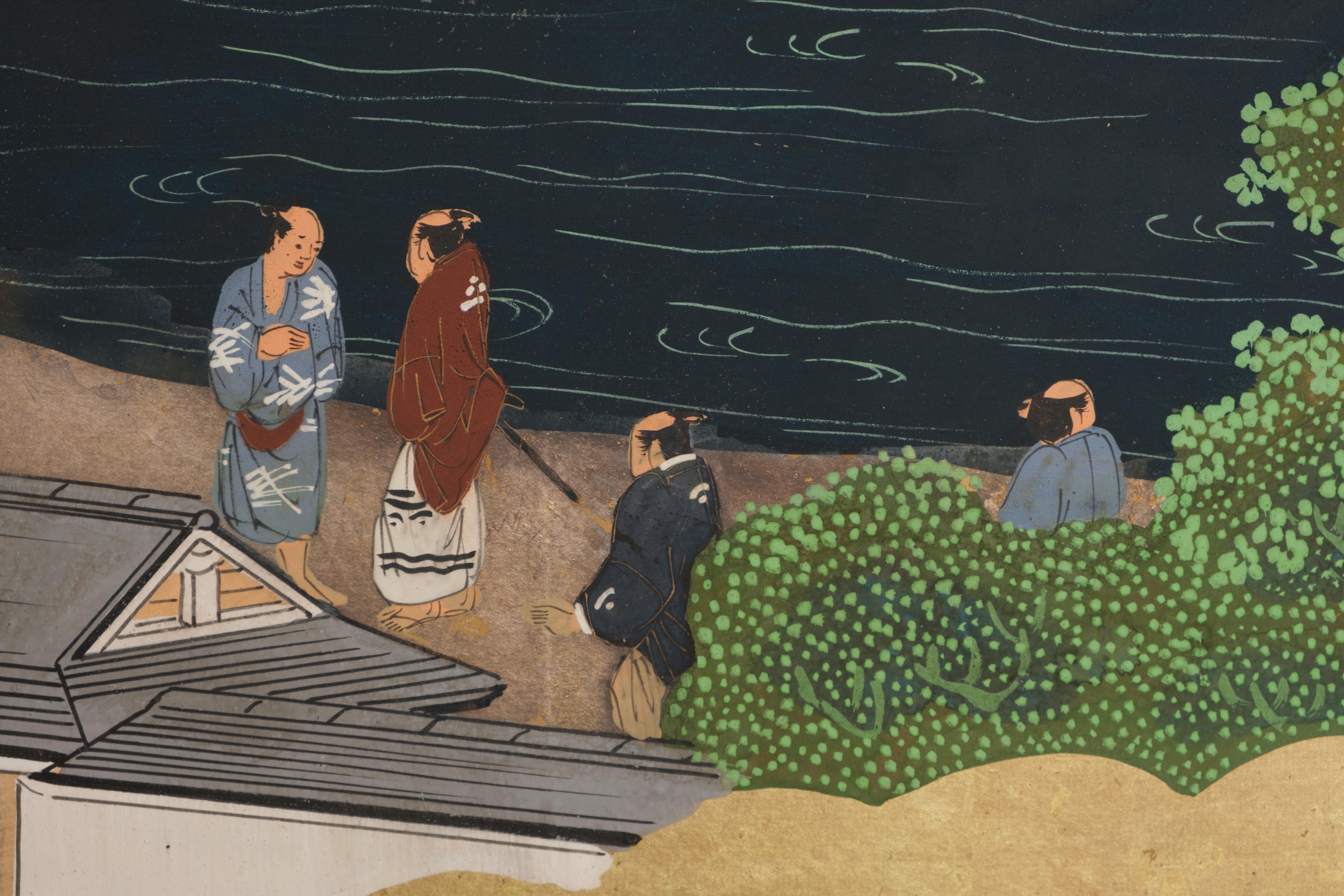 Large Japanese 6-panel byôbu 屏風 (folding screen) with Edo genre painting For Sale 9