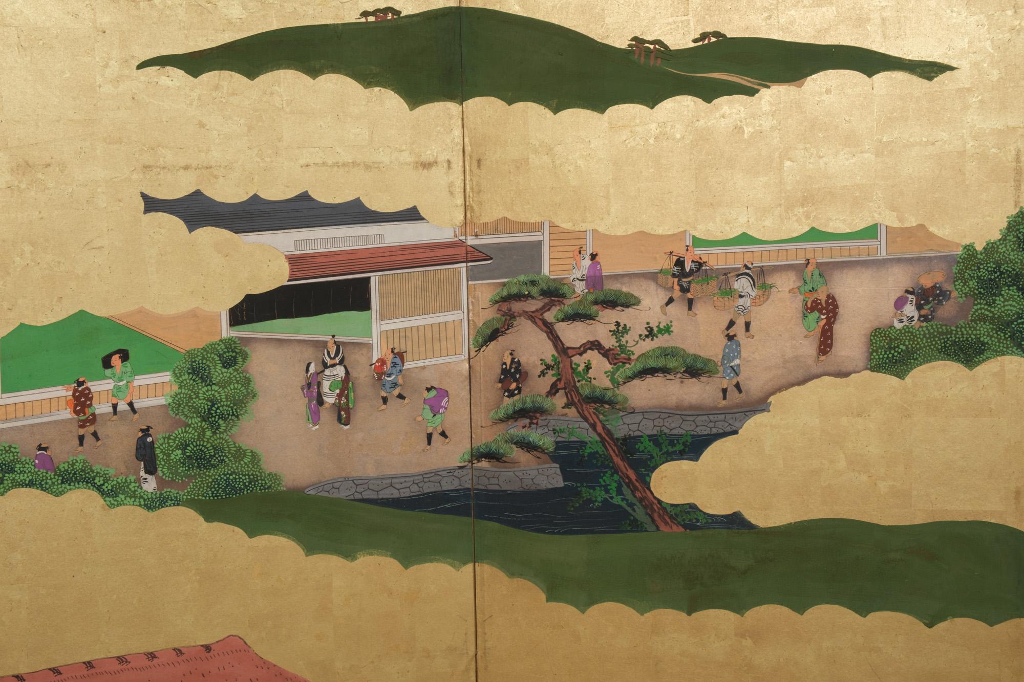 Large Japanese 6-panel byôbu 屏風 (folding screen) with Edo genre painting 11