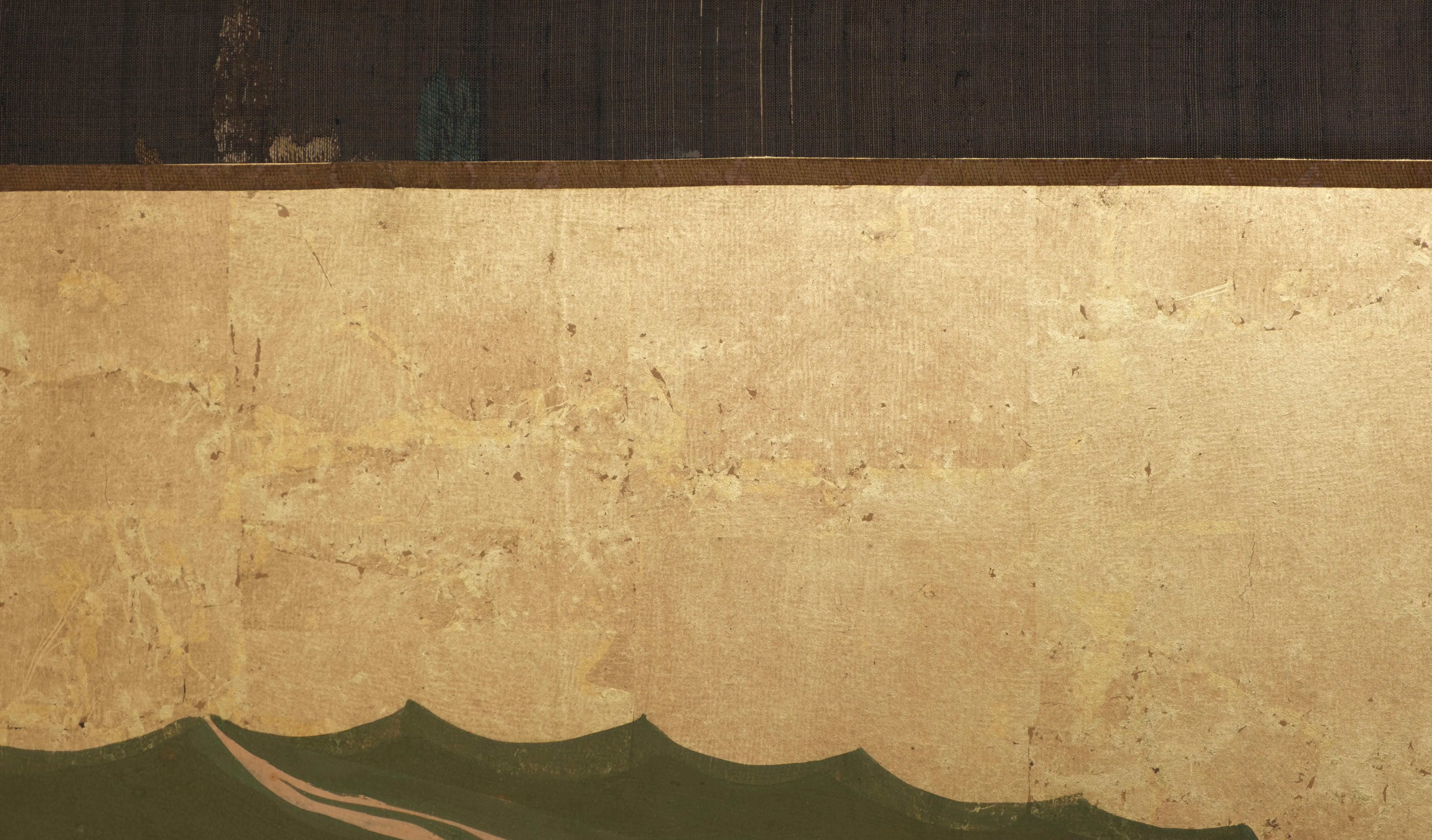 Large Japanese 6-panel byôbu 屏風 (folding screen) with Edo genre painting For Sale 11