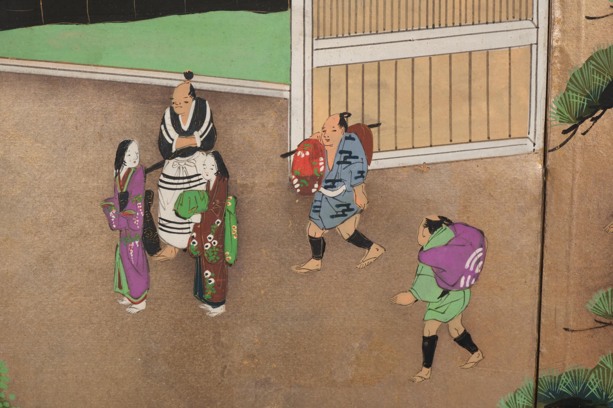 Large Japanese 6-panel byôbu 屏風 (folding screen) with Edo genre painting 12