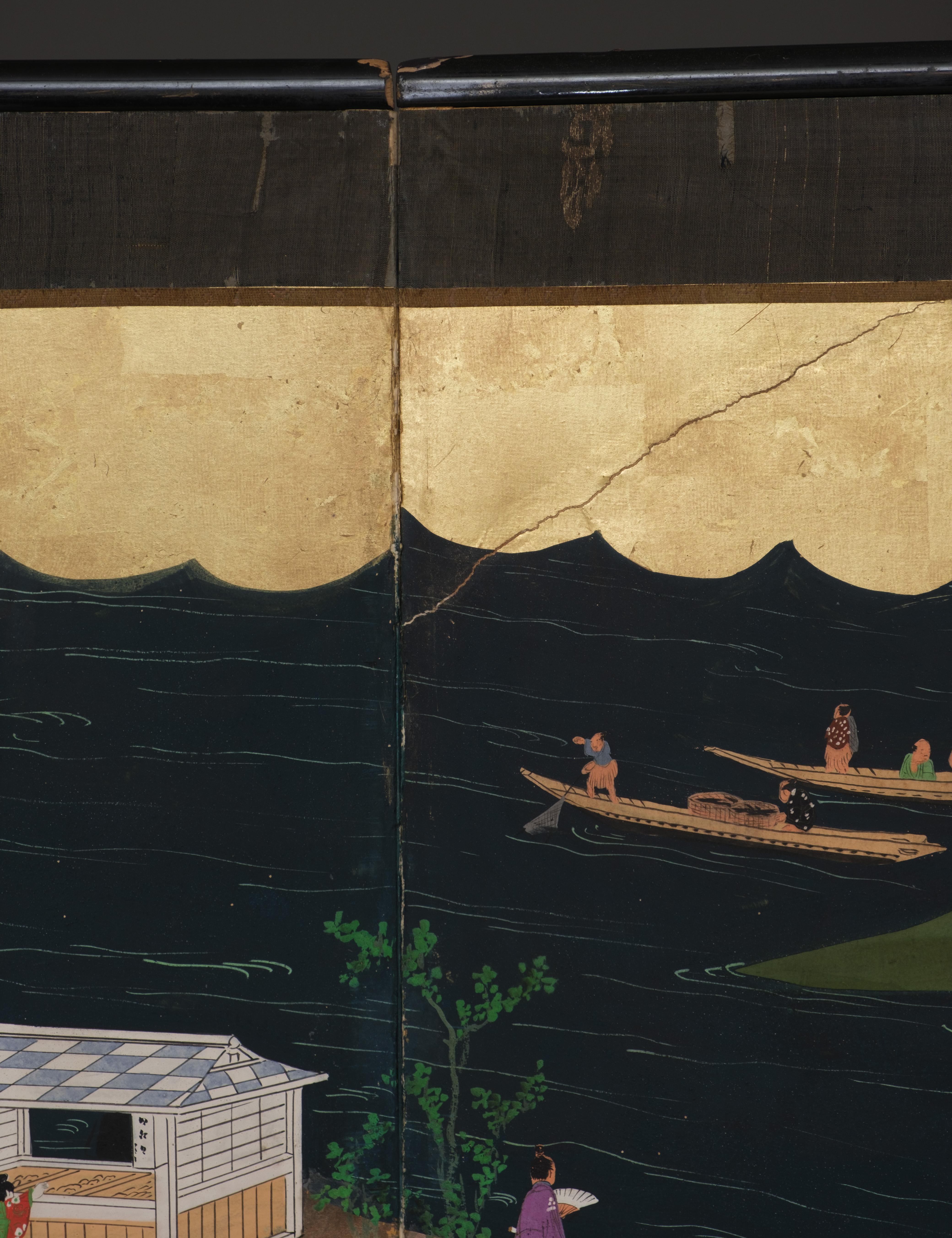 Large Japanese 6-panel byôbu 屏風 (folding screen) with Edo genre painting For Sale 12