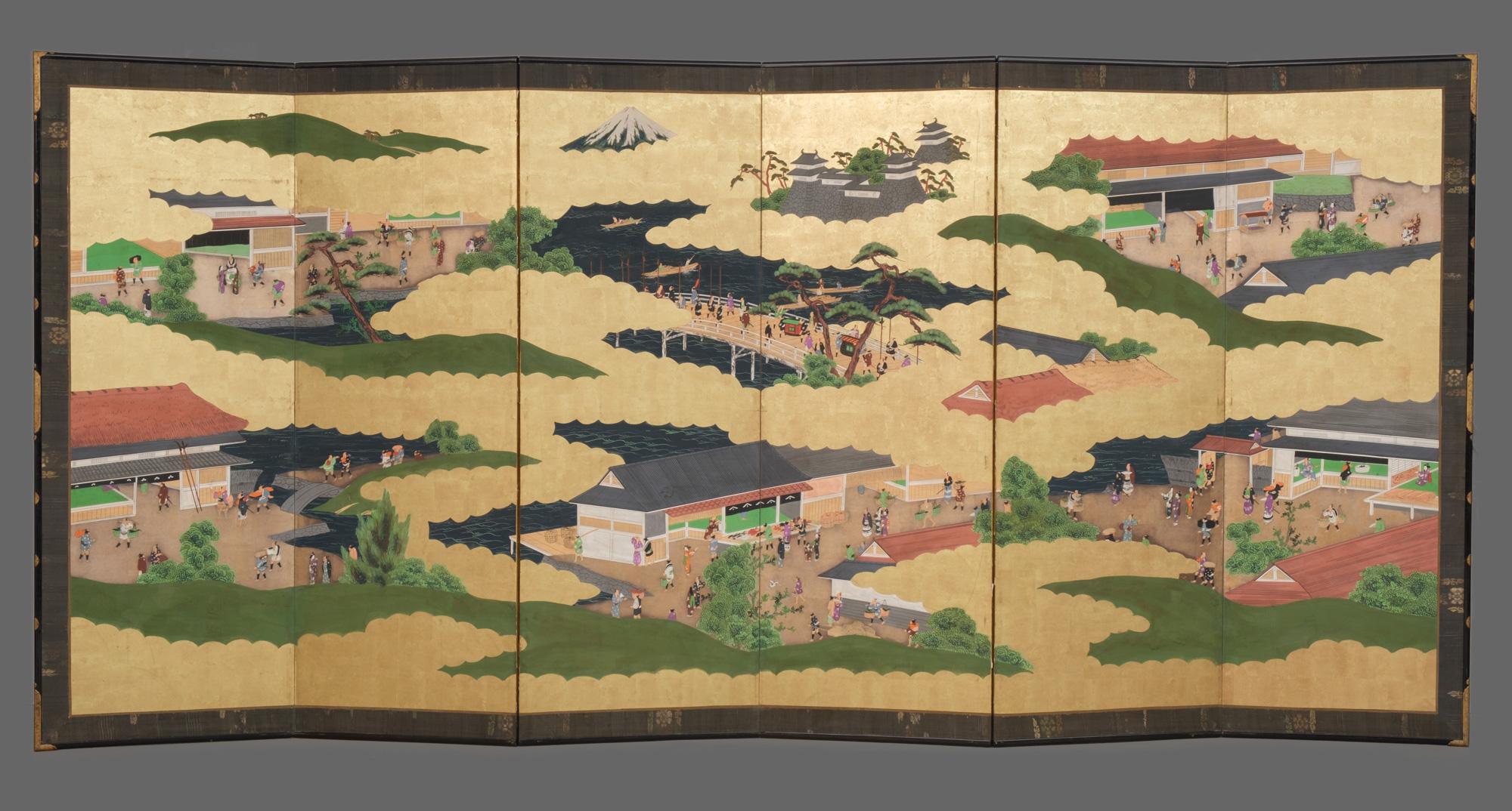 Remarkable and large six-panel byôbu (folding screen) with a detailed genre painting on gold leaf of different scenes of the town Yoshida, one of the Tôkaidô road stations. It shows various places and different aspects of daily life during the Edo