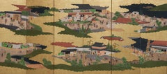Large Japanese 6-panel byôbu 屏風 (folding screen) with Edo genre painting