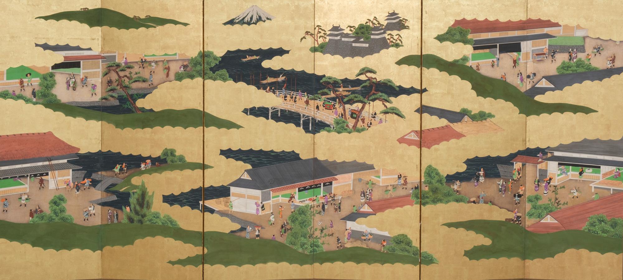 Hand-Painted Large Japanese 6-panel byôbu 屏風 (folding screen) with Edo genre painting For Sale