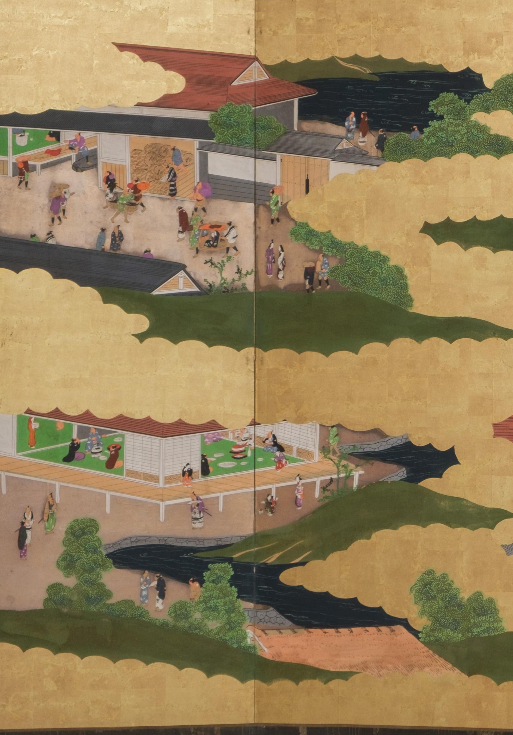 Hand-Painted Large Japanese 6-panel byôbu 屏風 (folding screen) with Edo genre painting For Sale