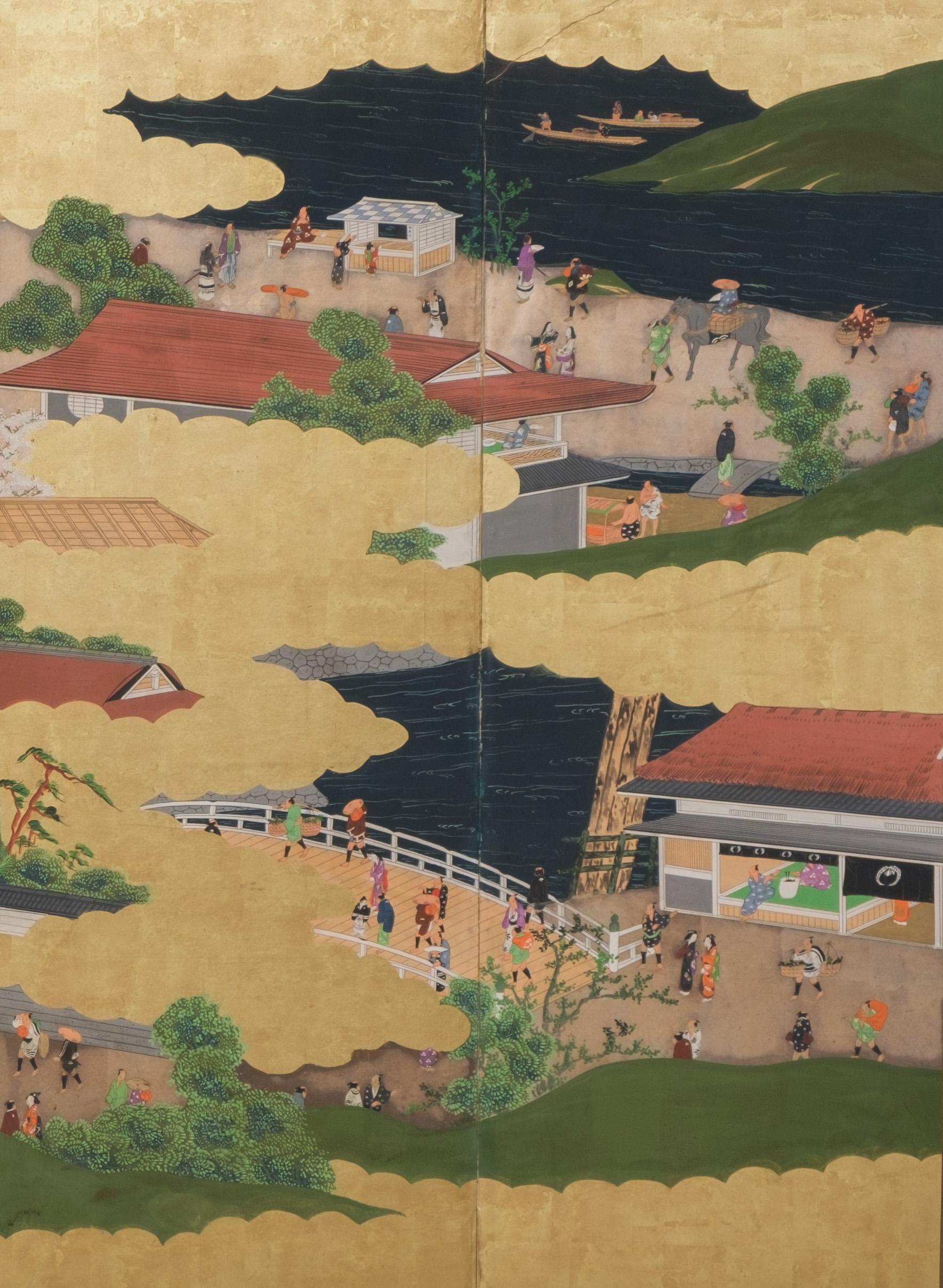 Large Japanese 6-panel byôbu 屏風 (folding screen) with Edo genre painting In Good Condition For Sale In Amsterdam, NL