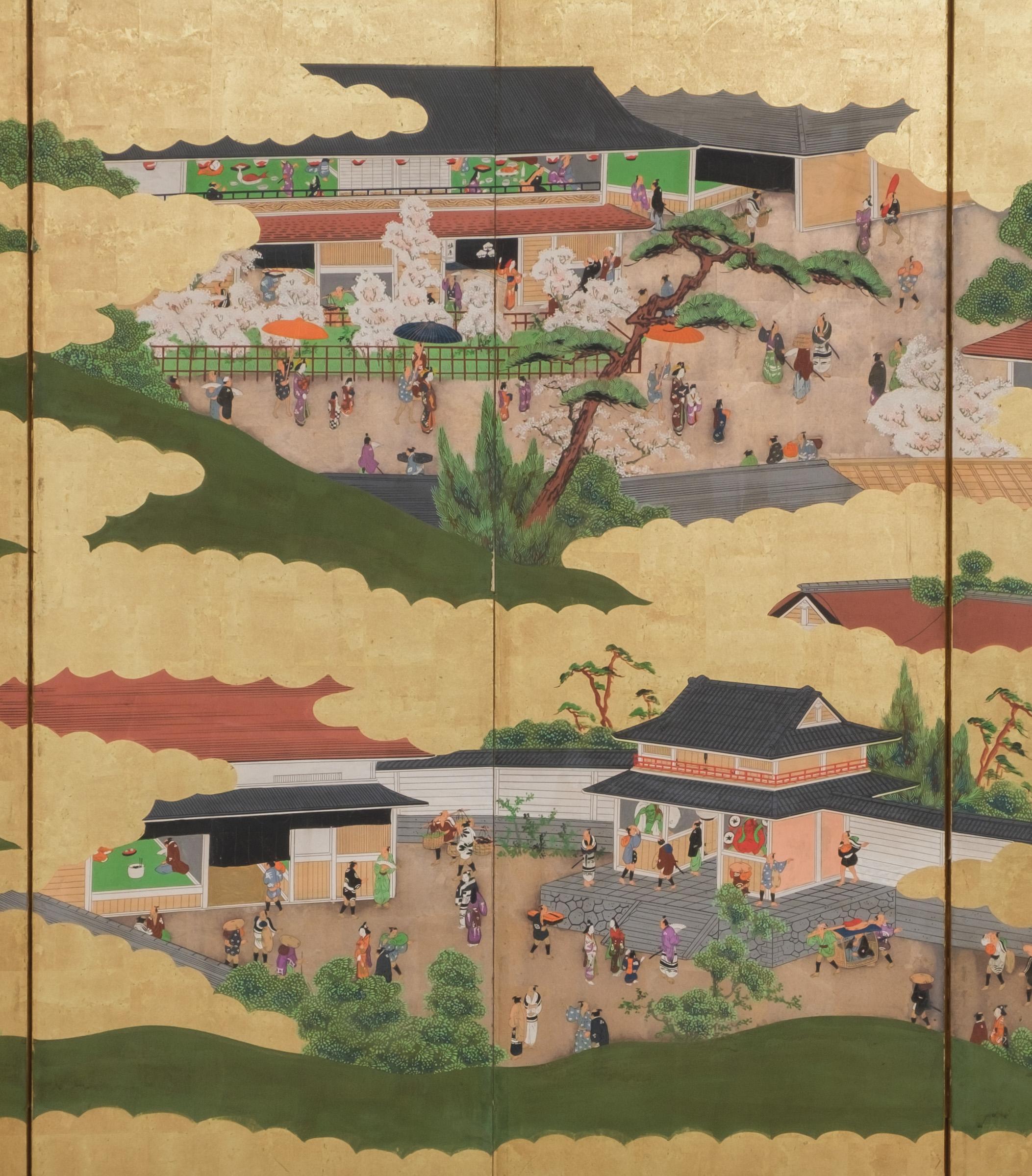 19th Century Large Japanese 6-panel byôbu 屏風 (folding screen) with Edo genre painting For Sale