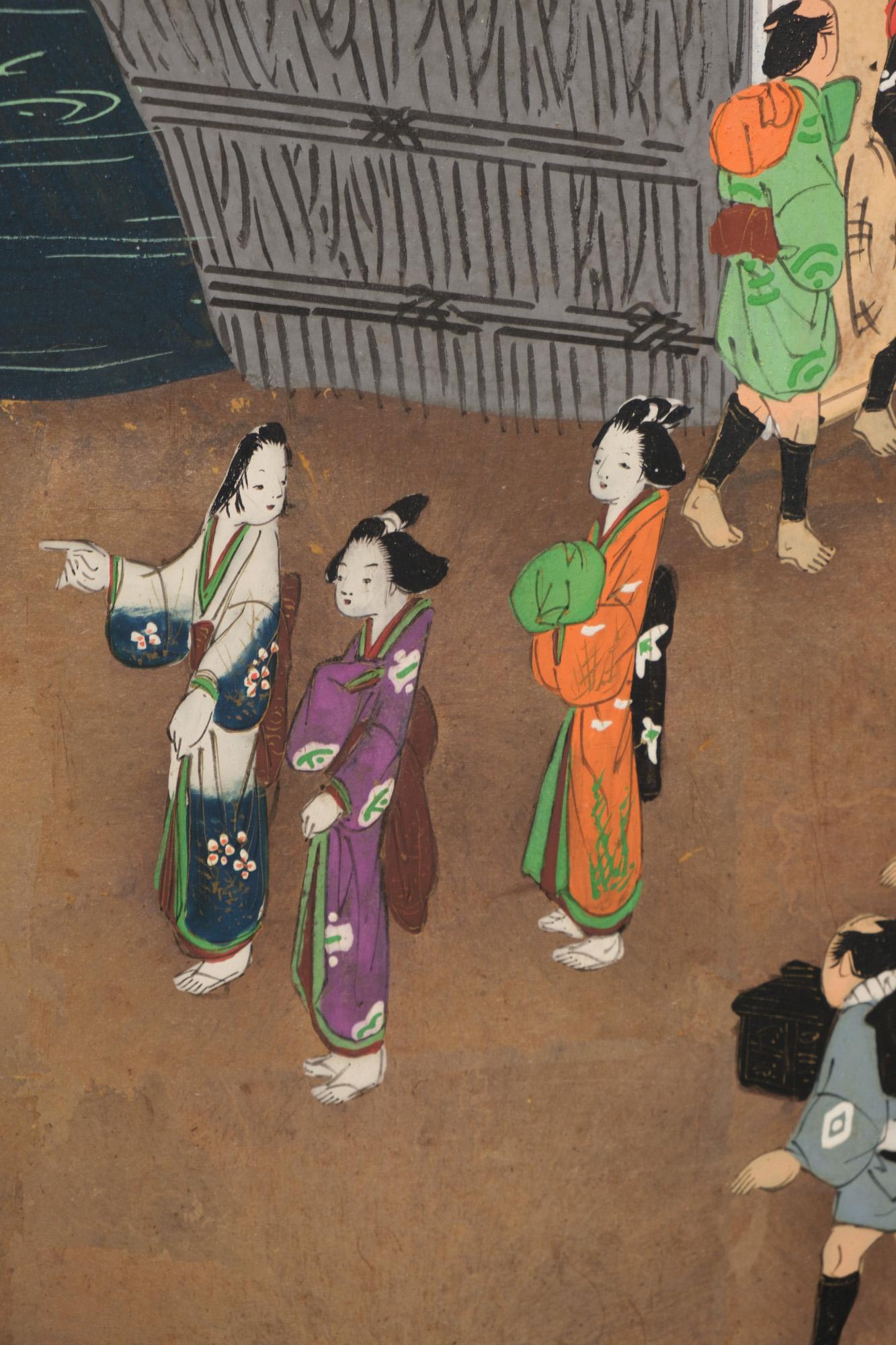 Metal Large Japanese 6-panel byôbu 屏風 (folding screen) with Edo genre painting