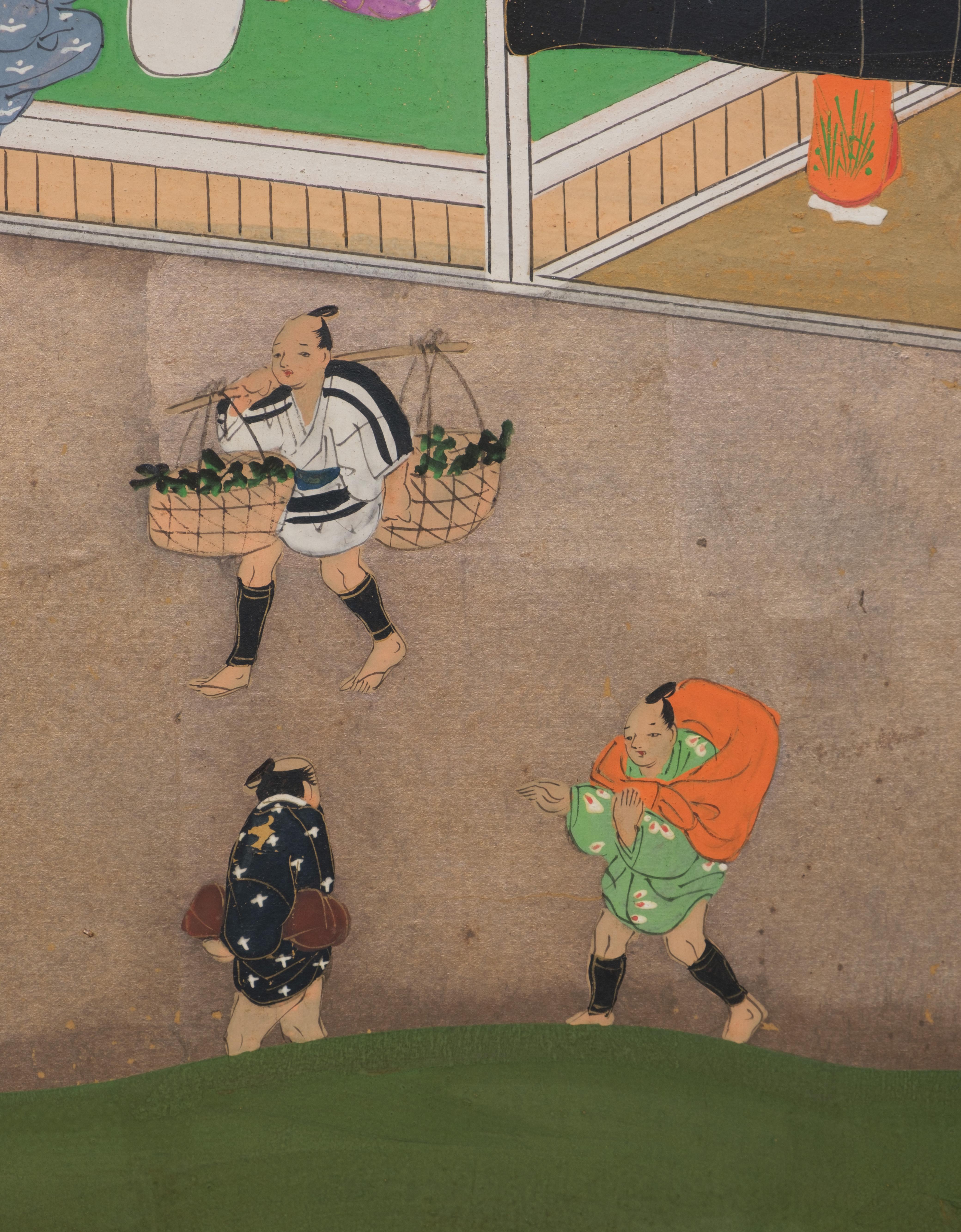 Large Japanese 6-panel byôbu 屏風 (folding screen) with Edo genre painting For Sale 1