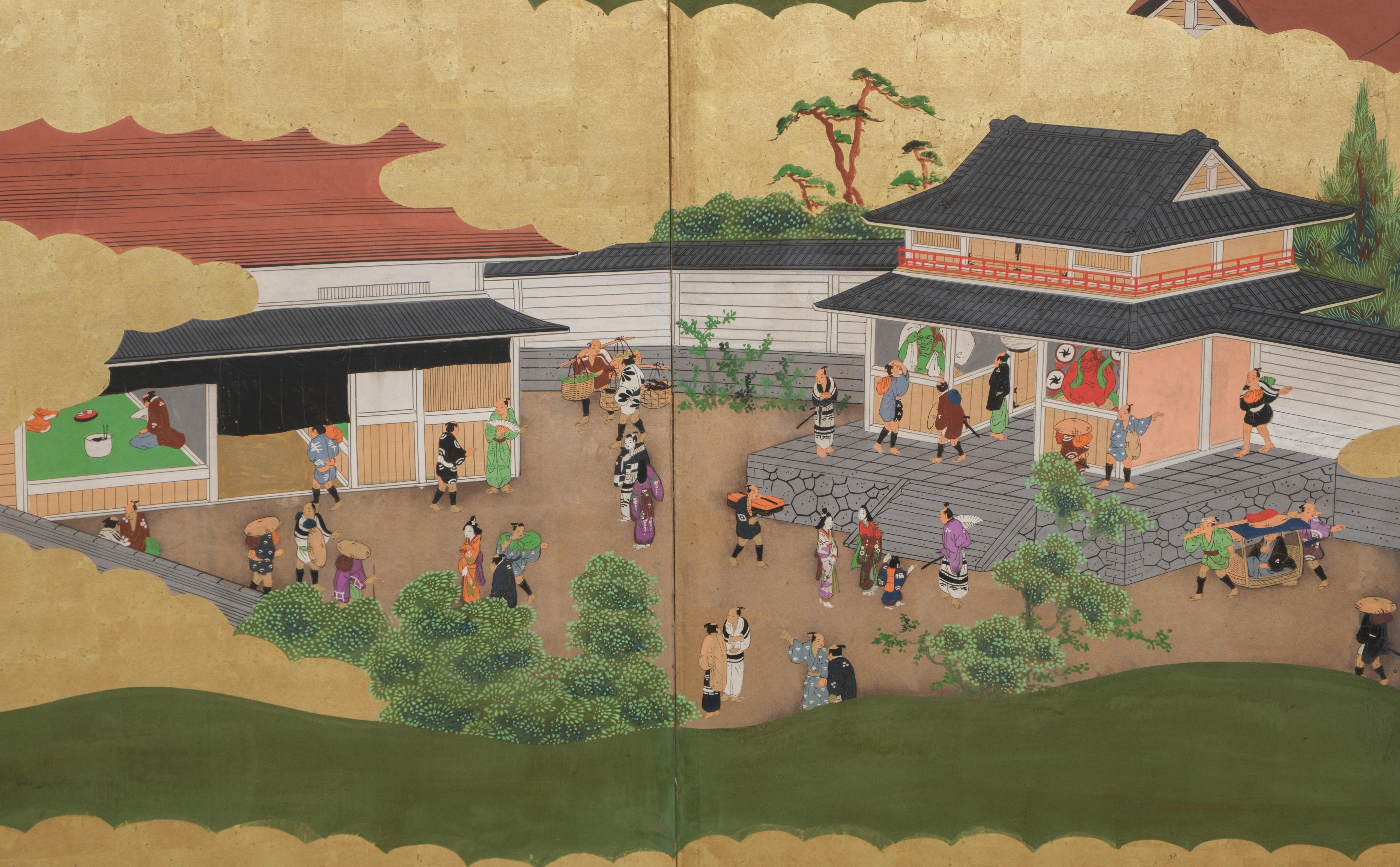 Large Japanese 6-panel byôbu 屏風 (folding screen) with Edo genre painting For Sale 3