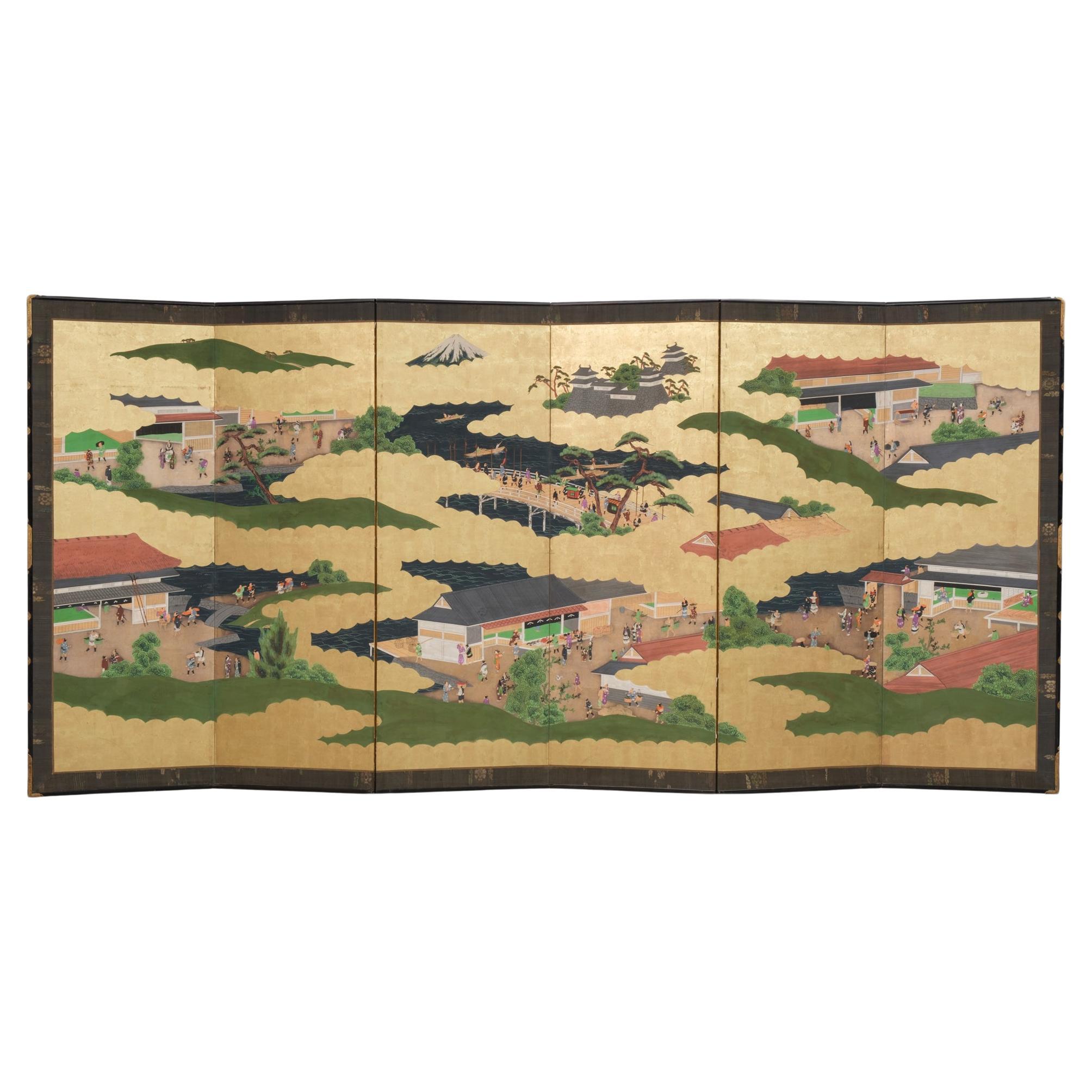 Large Japanese 6-panel byôbu 屏風 (folding screen) with Edo genre painting For Sale