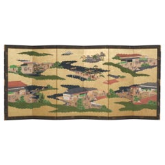 Large Japanese 6-panel byôbu 屏風 (folding screen) with Edo genre painting