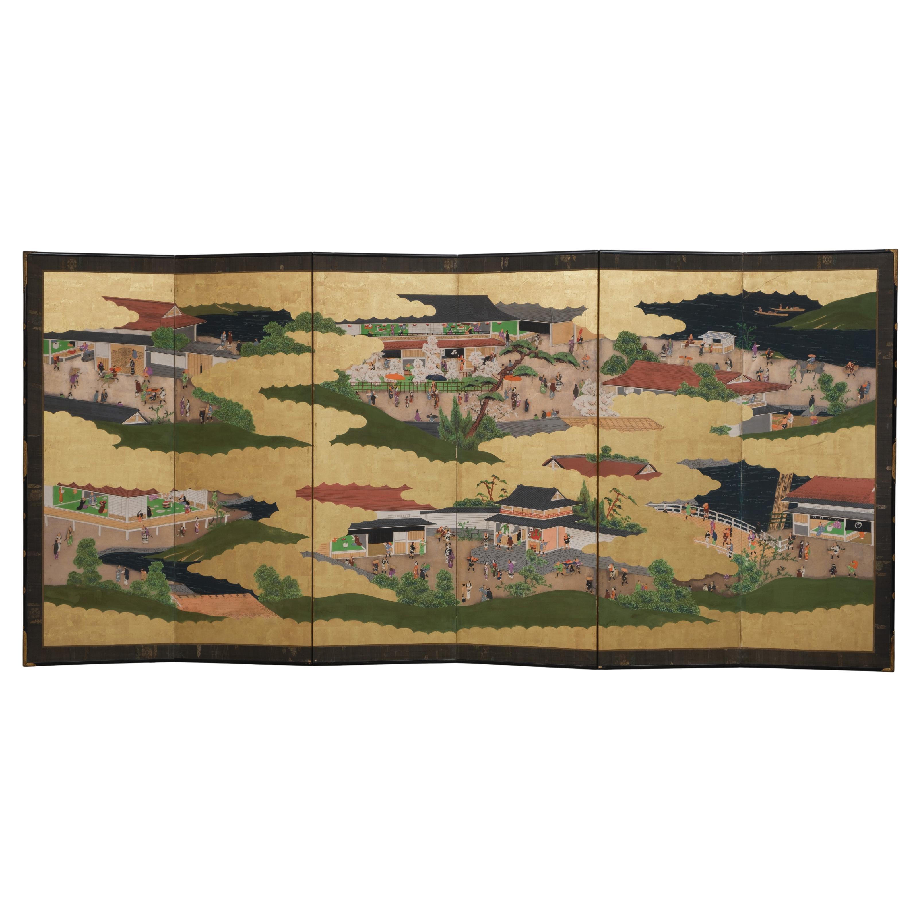 Large Japanese 6-panel byôbu 屏風 (folding screen) with Edo genre painting
