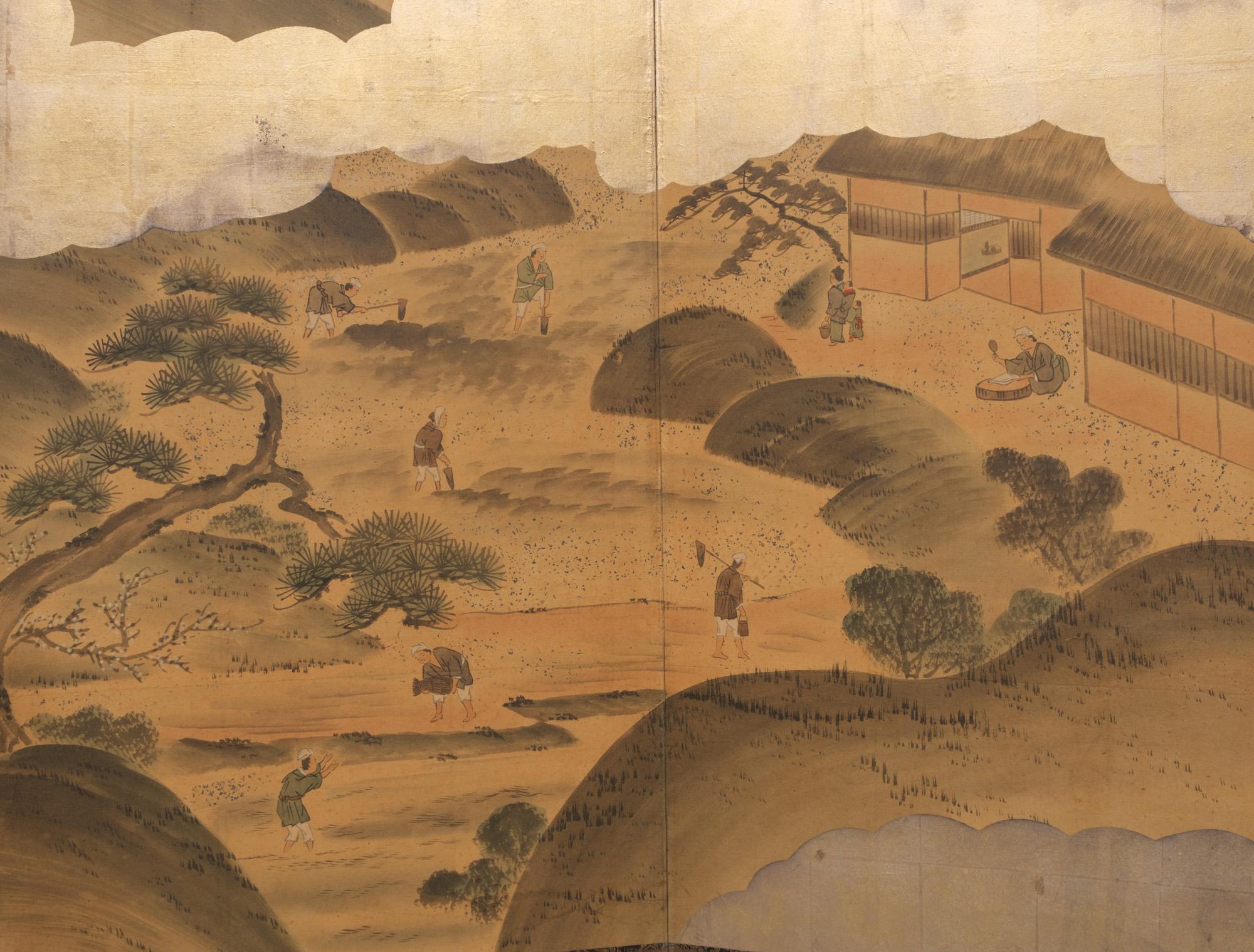 Grand byôbu japonais à 6 panneaux 屏風 (paravent) avec peinture de genre. en vente 4