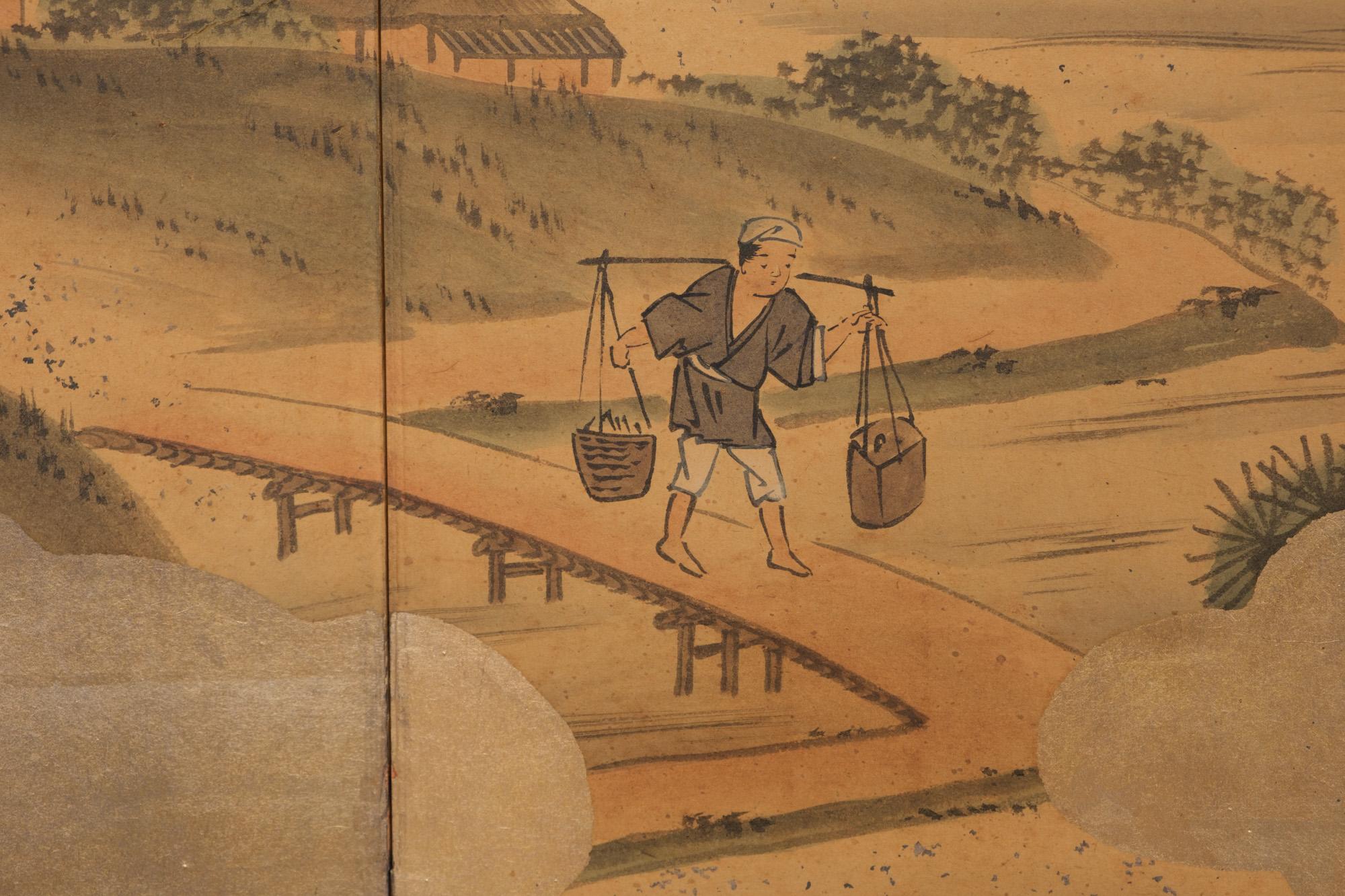 Grand byôbu japonais à 6 panneaux 屏風 (paravent) avec peinture de genre. en vente 8
