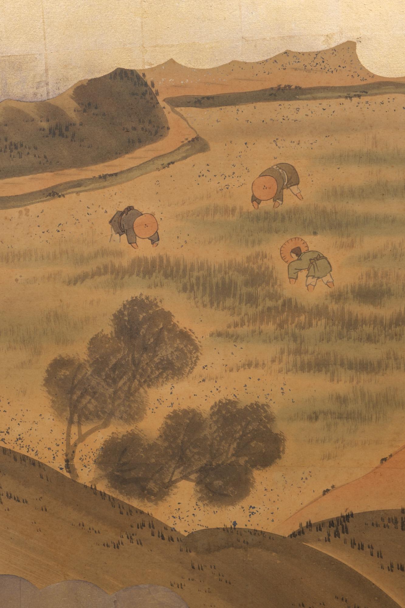 Grand byôbu japonais à 6 panneaux 屏風 (paravent) avec peinture de genre. en vente 10
