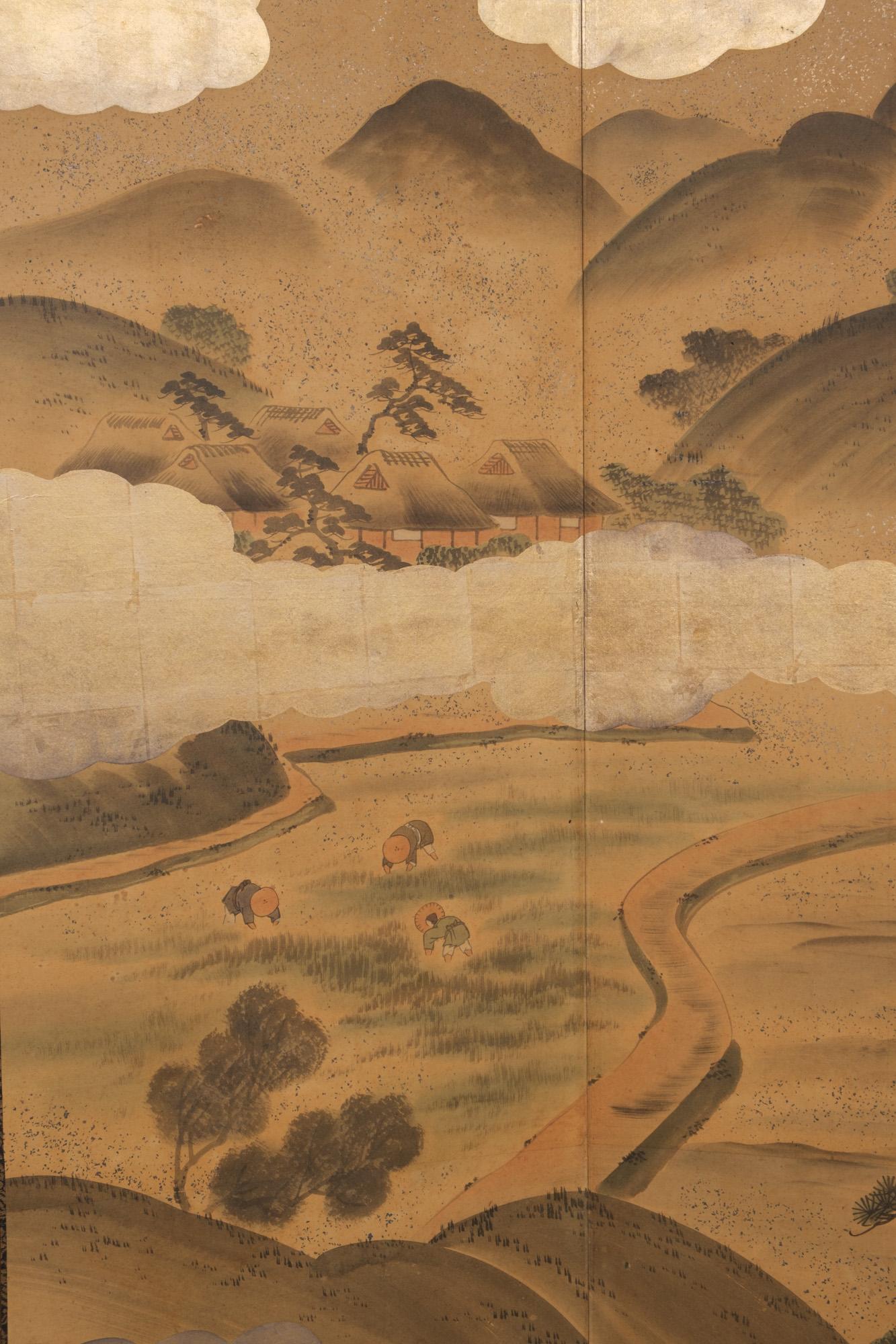 Grand byôbu japonais à 6 panneaux 屏風 (paravent) avec peinture de genre. en vente 11