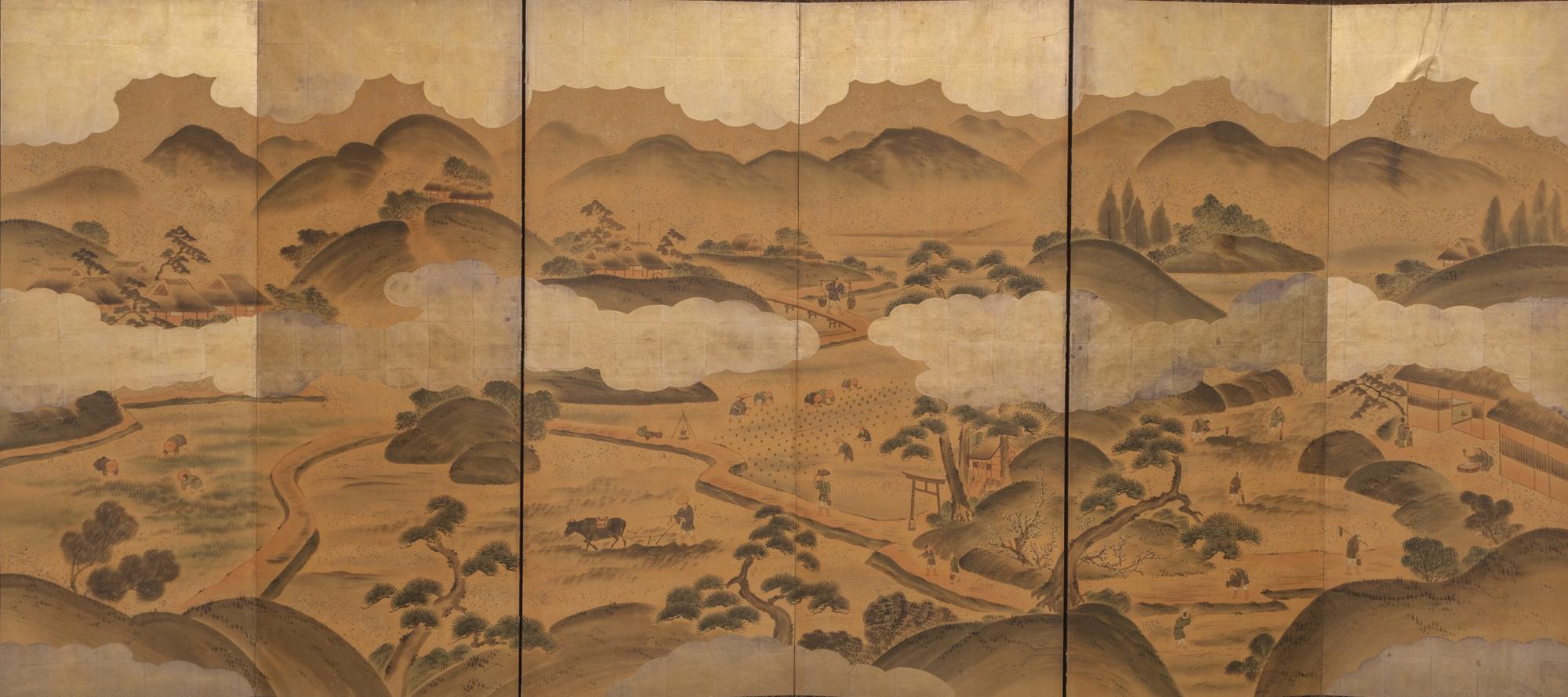 Faszinierender großer sechsteiliger Byôbu (Paravent) mit einer detaillierten Genremalerei auf goldfarbenem Blattsilber mit verschiedenen Szenen von Menschen bei der Arbeit in einem ländlichen Bergdorf während der Edo-Zeit.

Die Landwirte arbeiten