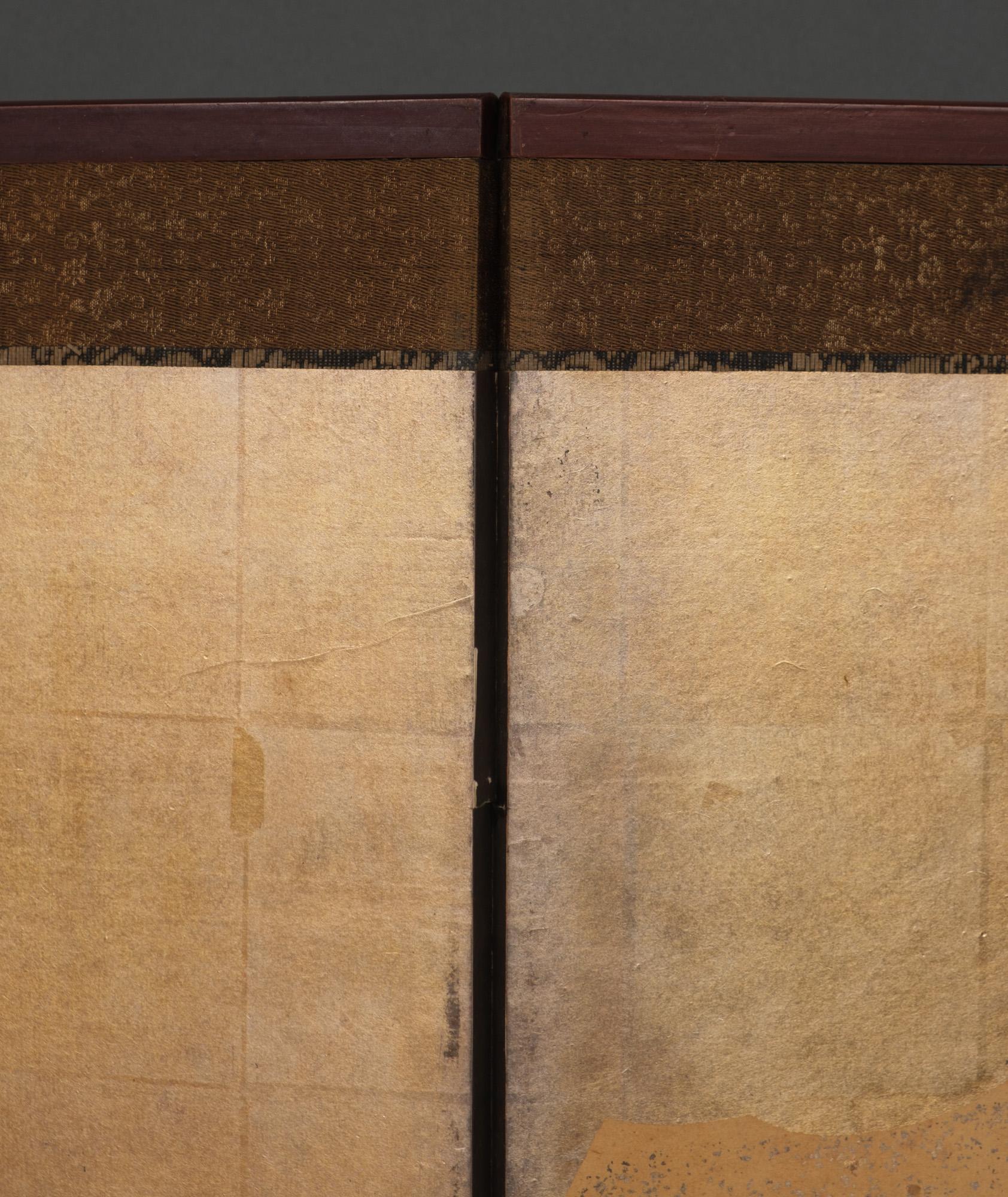 20th Century Large Japanese 6-panel byôbu 屏風 (folding screen) with genre painting For Sale