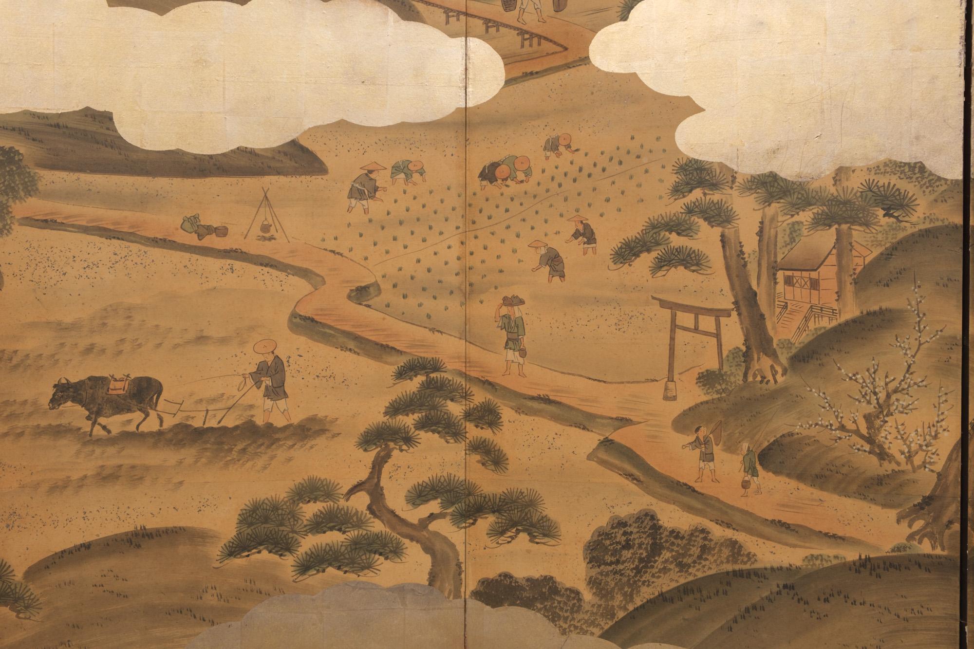 Grand byôbu japonais à 6 panneaux 屏風 (paravent) avec peinture de genre. en vente 2