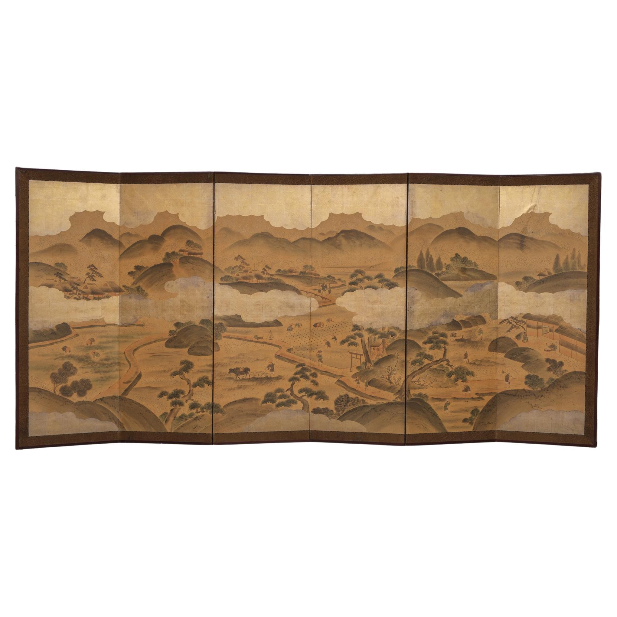 Large Japanese 6-panel byôbu 屏風 (folding screen) with genre painting For Sale