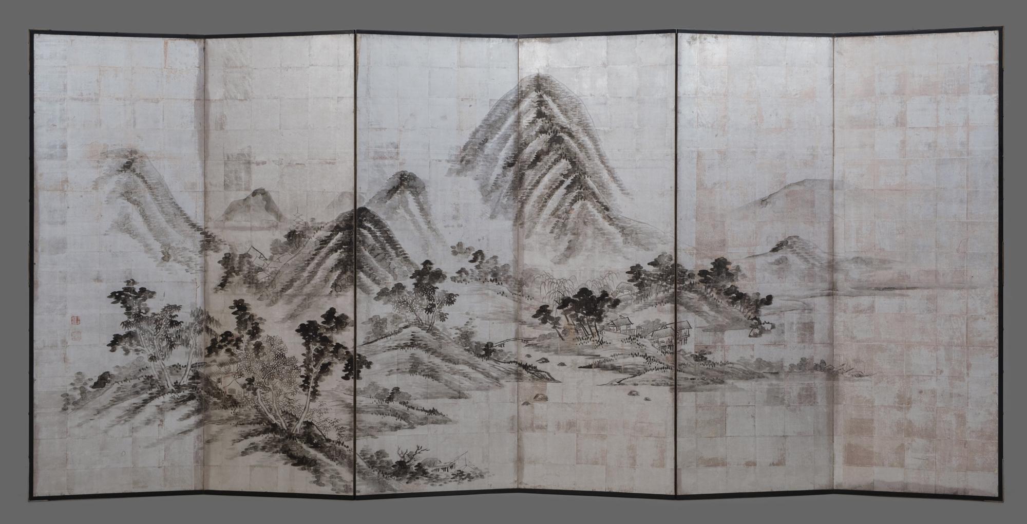 Large Japanese 6-panel byôbu 屏風 (folding screen) with mountainous landscape 6