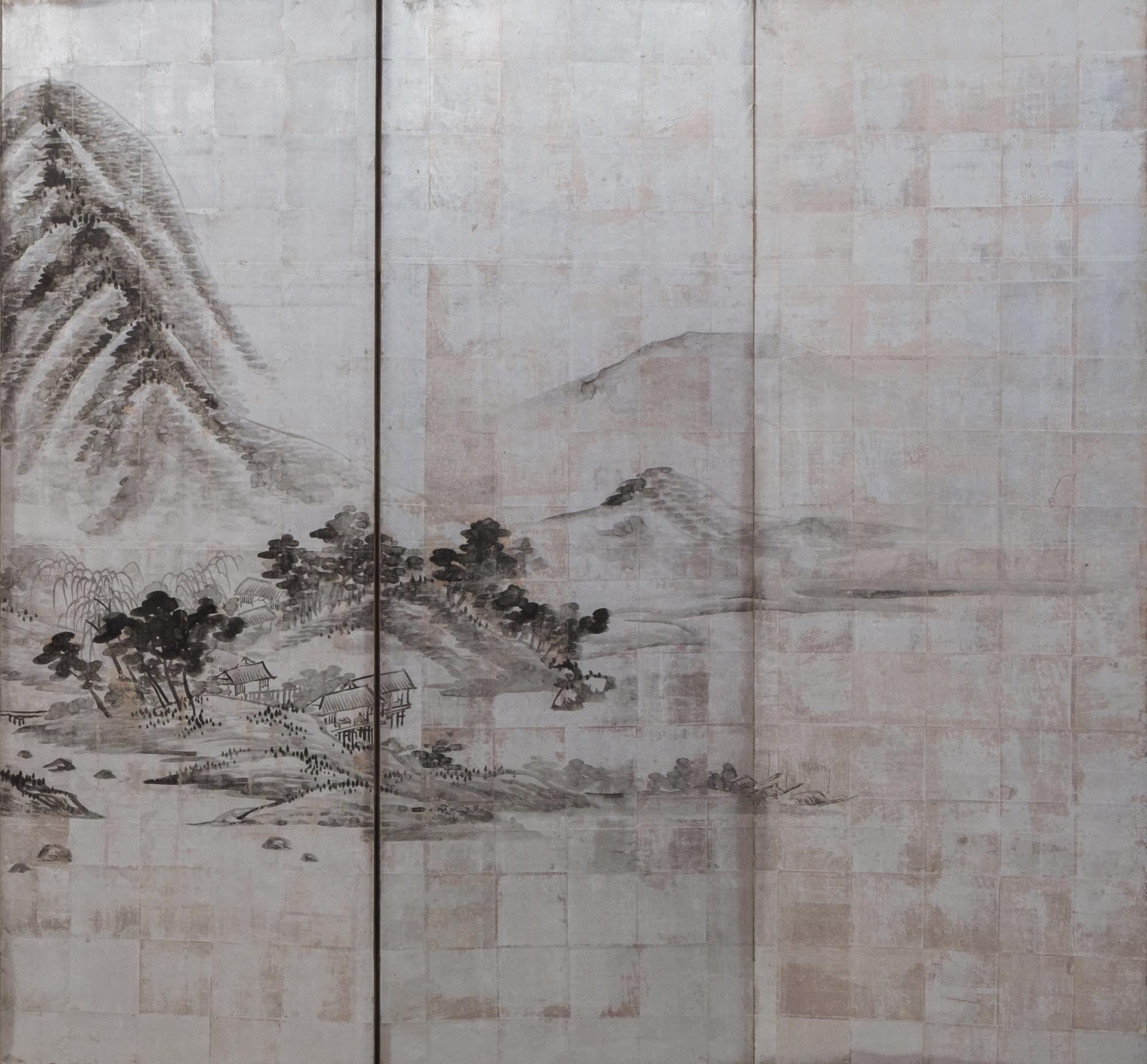 Large Japanese 6-panel byôbu 屏風 (folding screen) with mountainous landscape In Good Condition In Amsterdam, NL