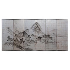 Large Japanese 6-panel byôbu 屏風 (folding screen) with mountainous landscape