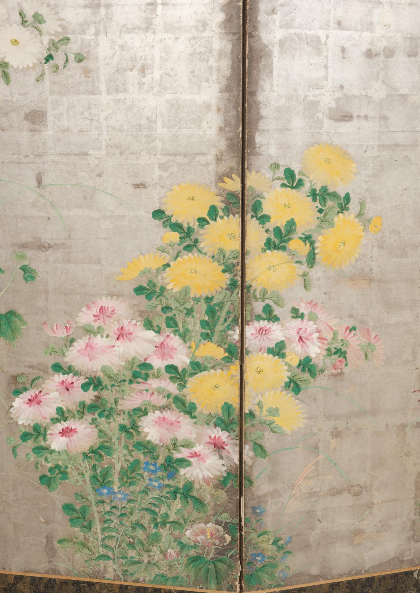 Large Japanese 6-panel folding screen with chrysanthemums on silver leaf 5