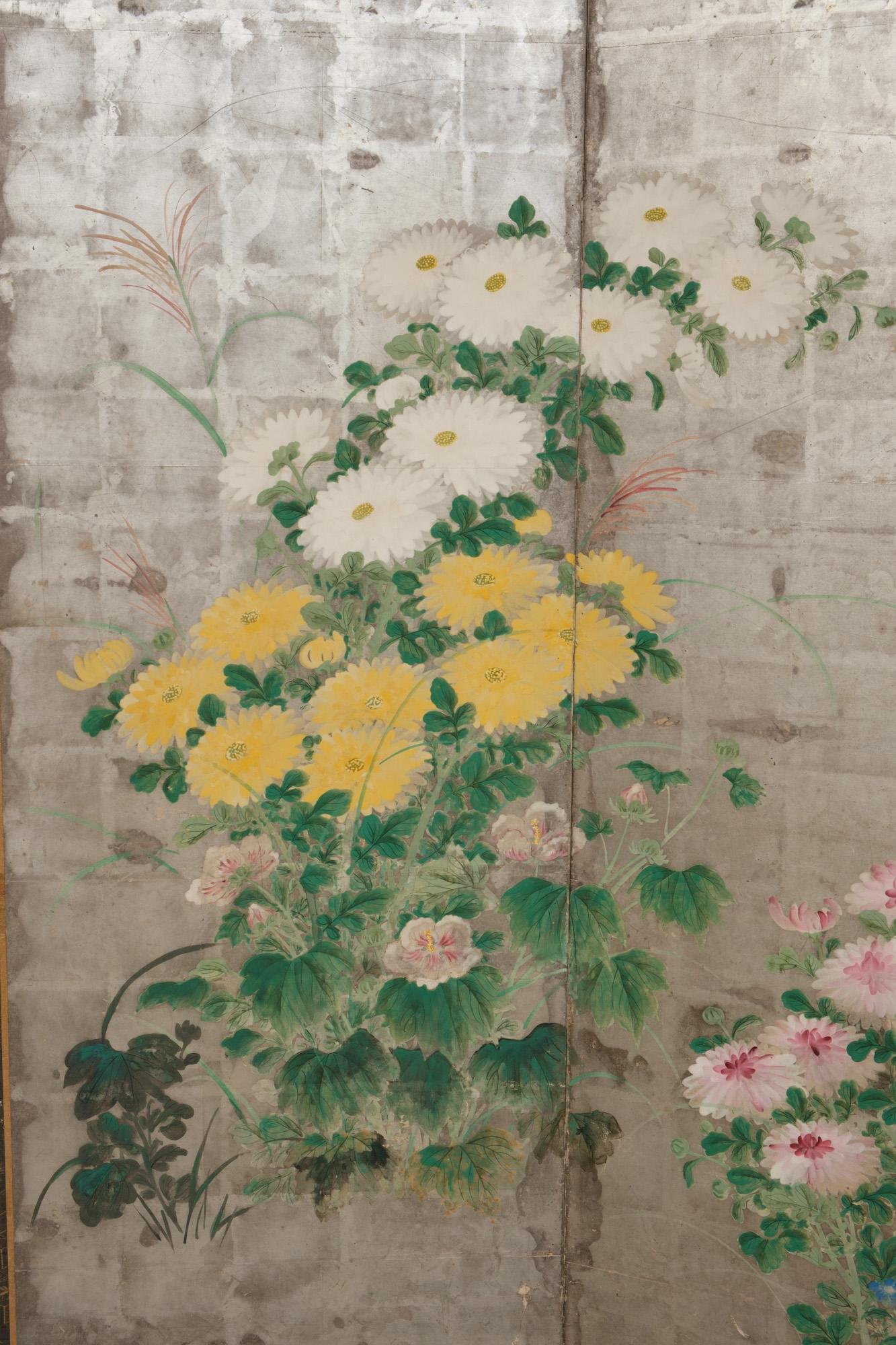 Large Japanese 6-panel folding screen with chrysanthemums on silver leaf 6