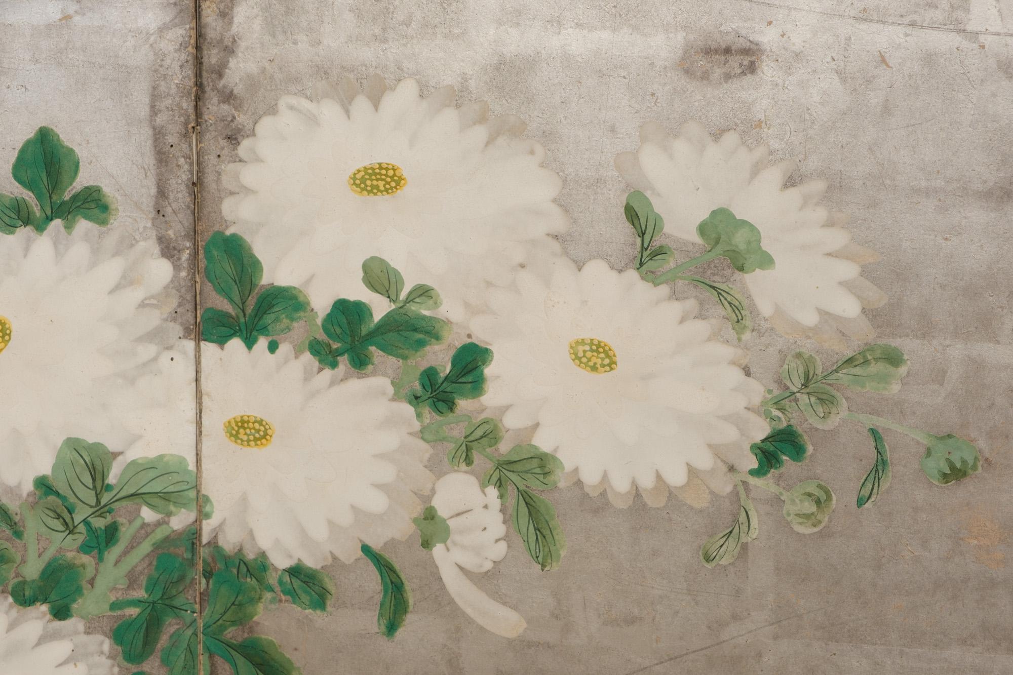 Large Japanese 6-panel folding screen with chrysanthemums on silver leaf 8