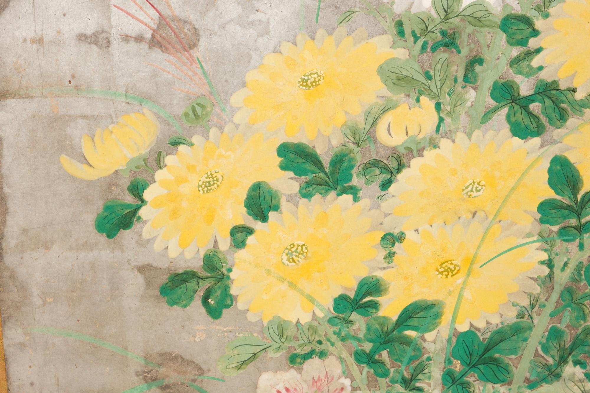 Large Japanese 6-panel folding screen with chrysanthemums on silver leaf 9