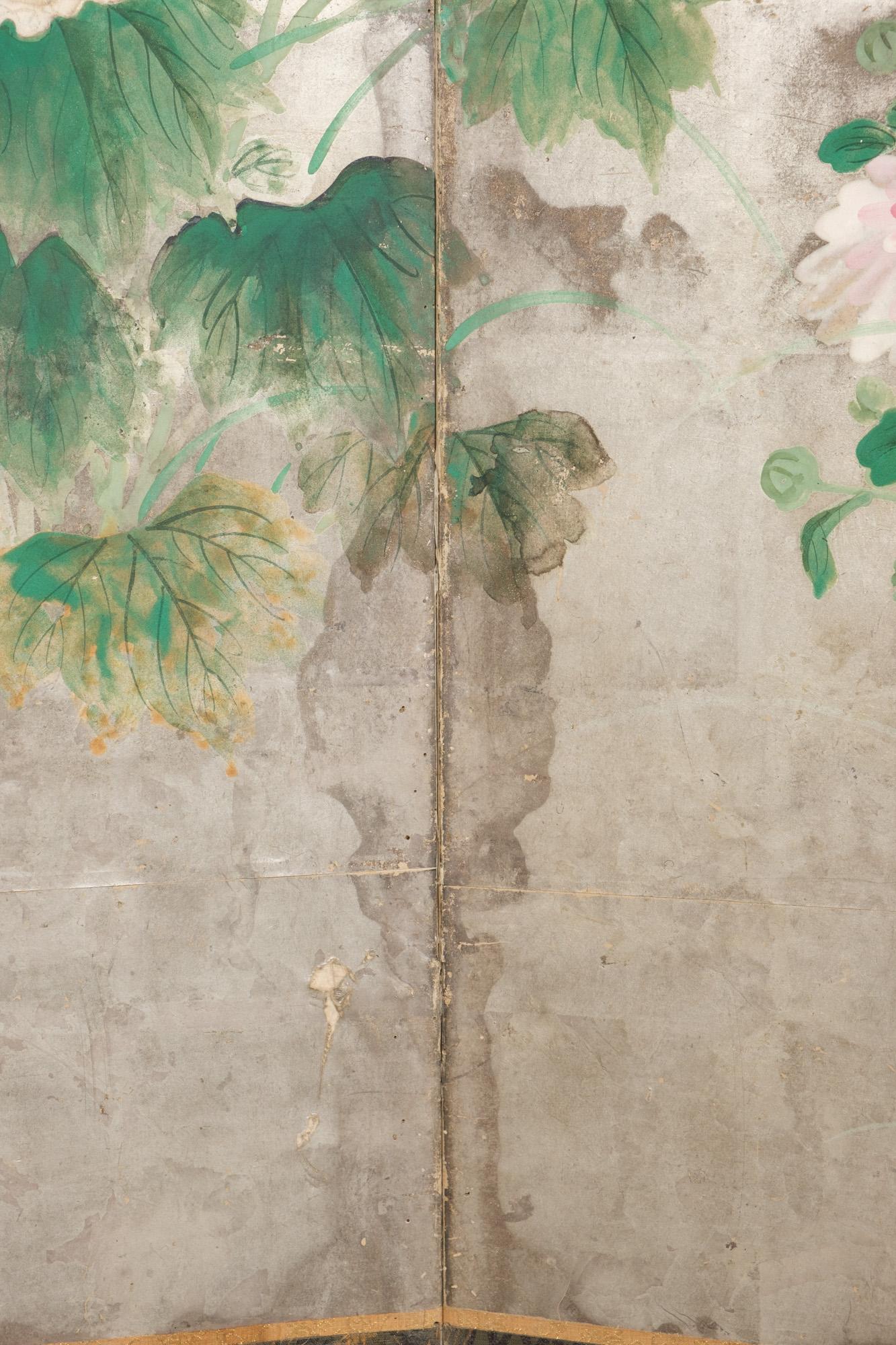 Large Japanese 6-panel folding screen with chrysanthemums on silver leaf 10