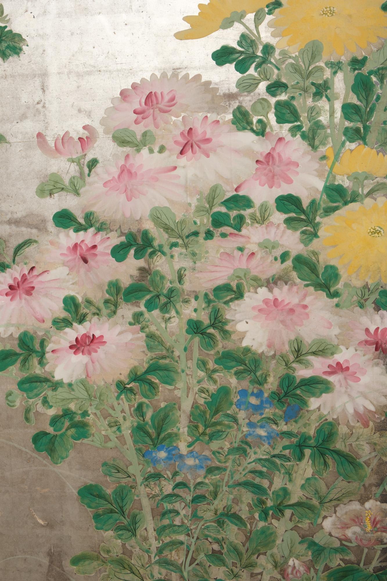 Large Japanese 6-panel folding screen with chrysanthemums on silver leaf 11