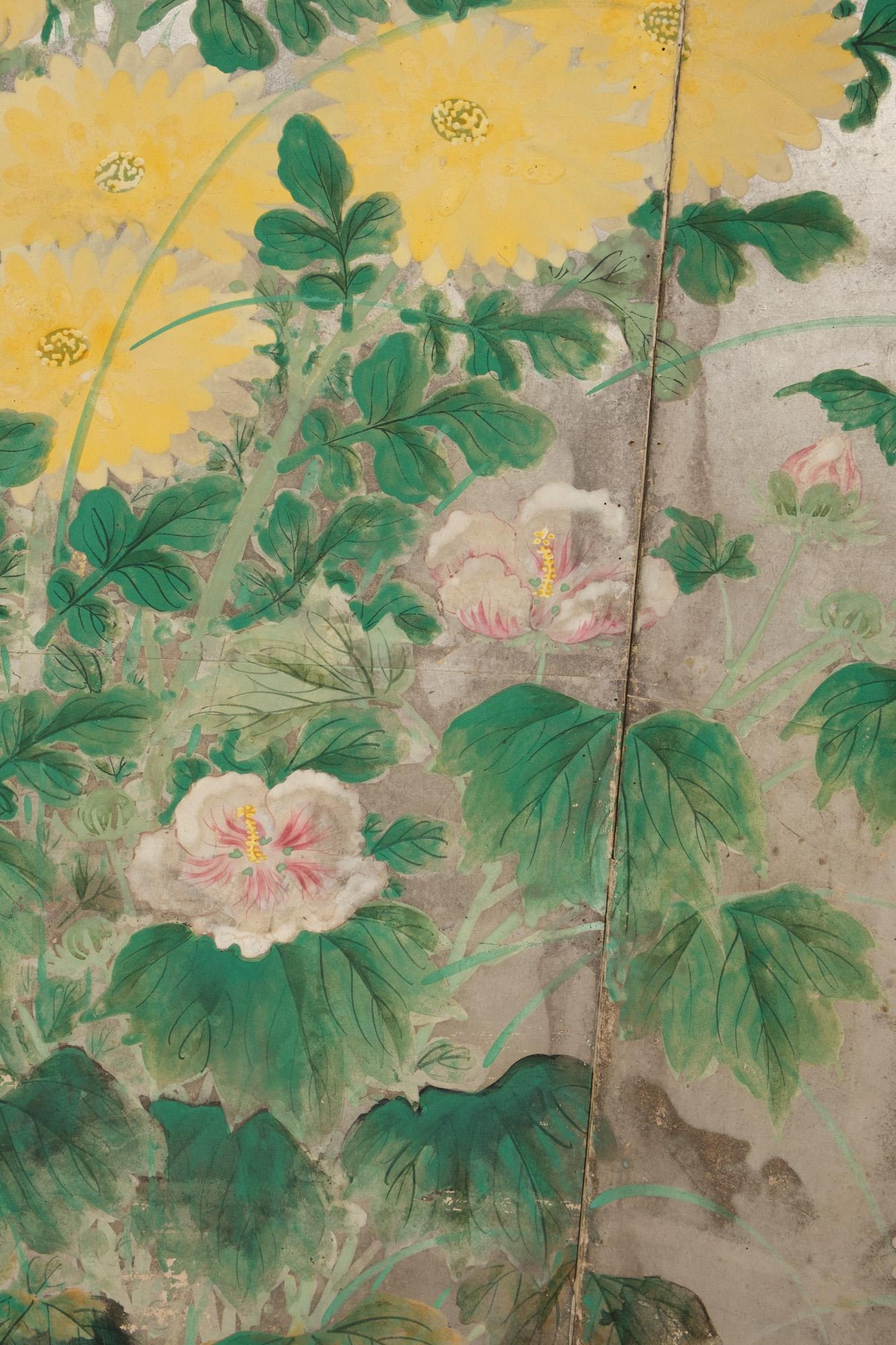 Large Japanese 6-panel folding screen with chrysanthemums on silver leaf 12