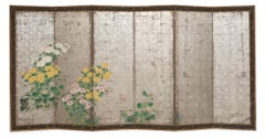 Large Japanese 6-panel folding screen with chrysanthemums on silver leaf