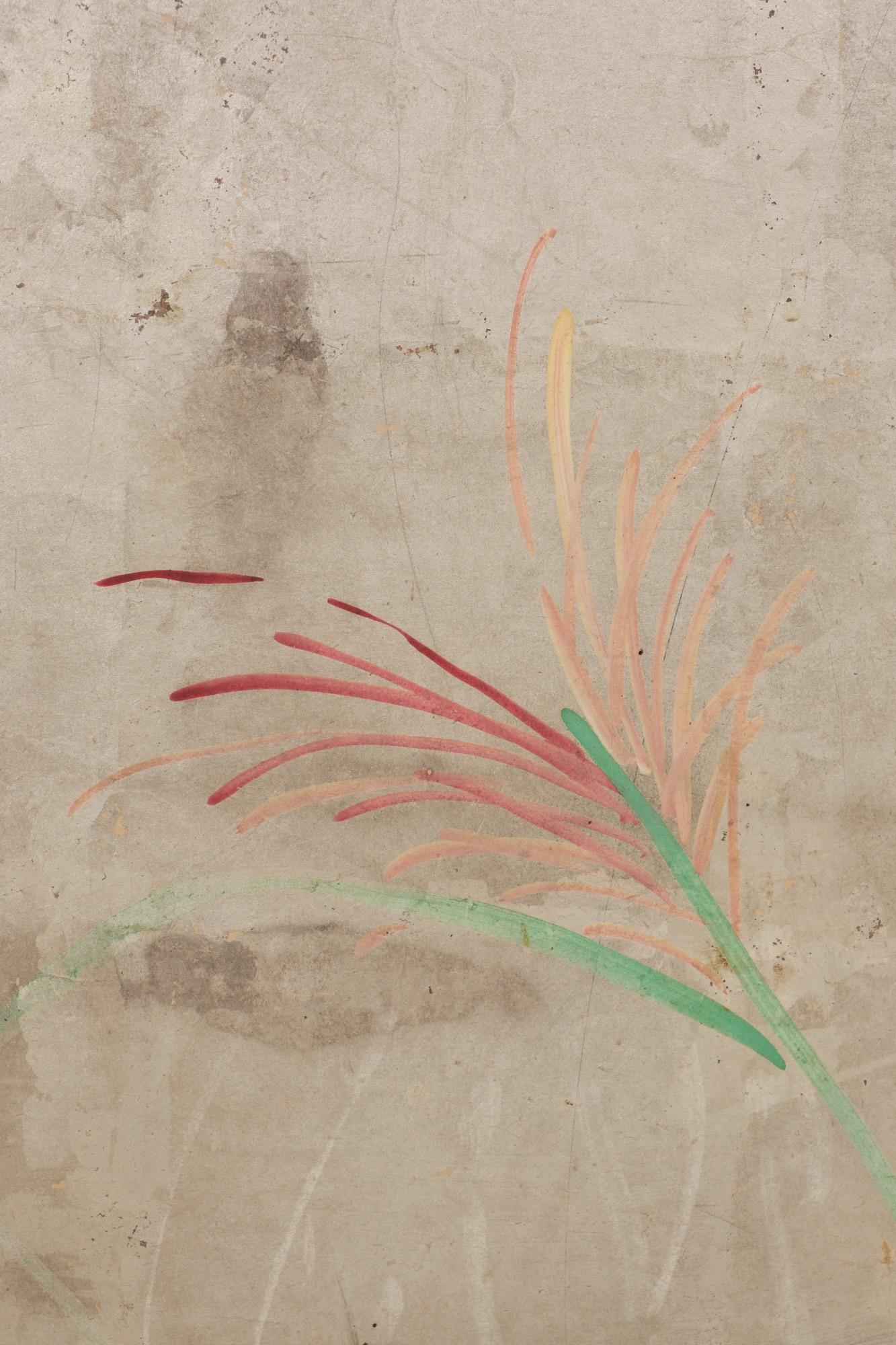 Large Japanese 6-panel folding screen with chrysanthemums on silver leaf 14