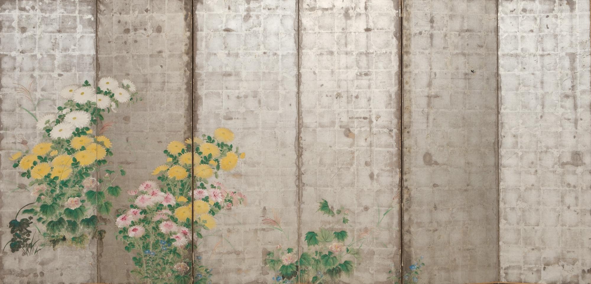 Hand-Painted Large Japanese 6-panel folding screen with chrysanthemums on silver leaf