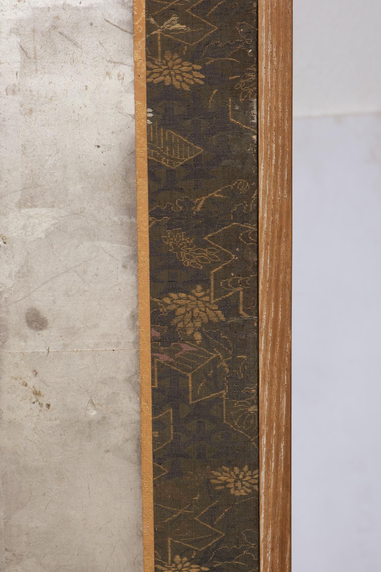 19th Century Large Japanese 6-panel folding screen with chrysanthemums on silver leaf