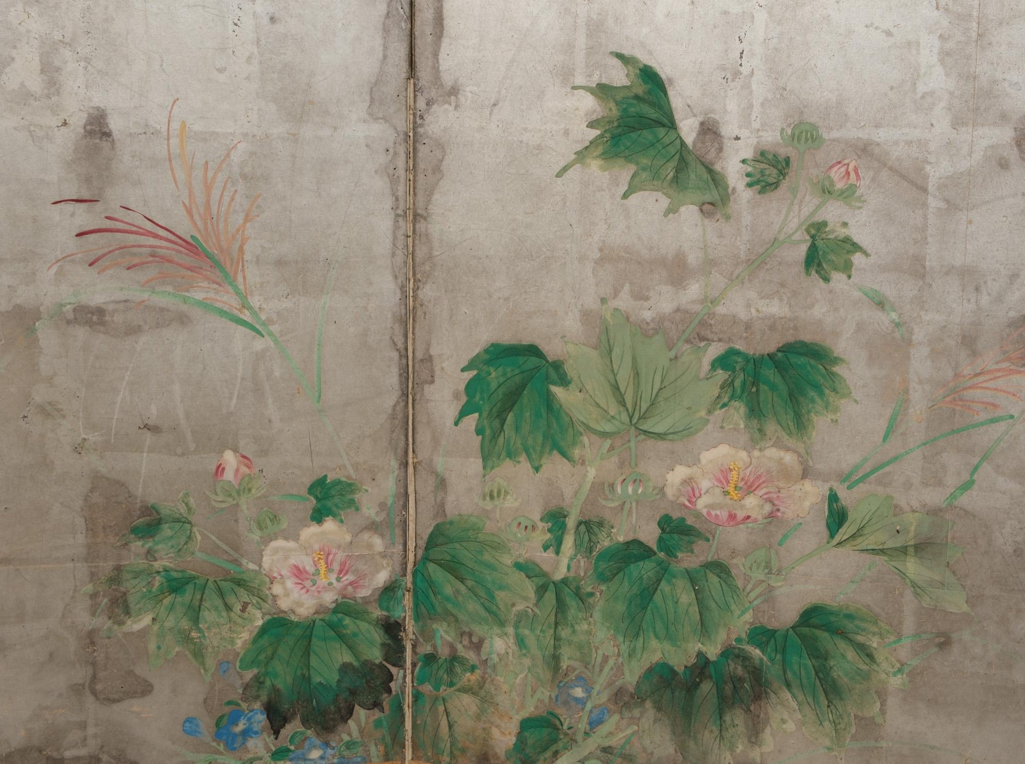 Large Japanese 6-panel folding screen with chrysanthemums on silver leaf 2