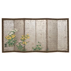 Large Japanese 6-panel folding screen with chrysanthemums on silver leaf