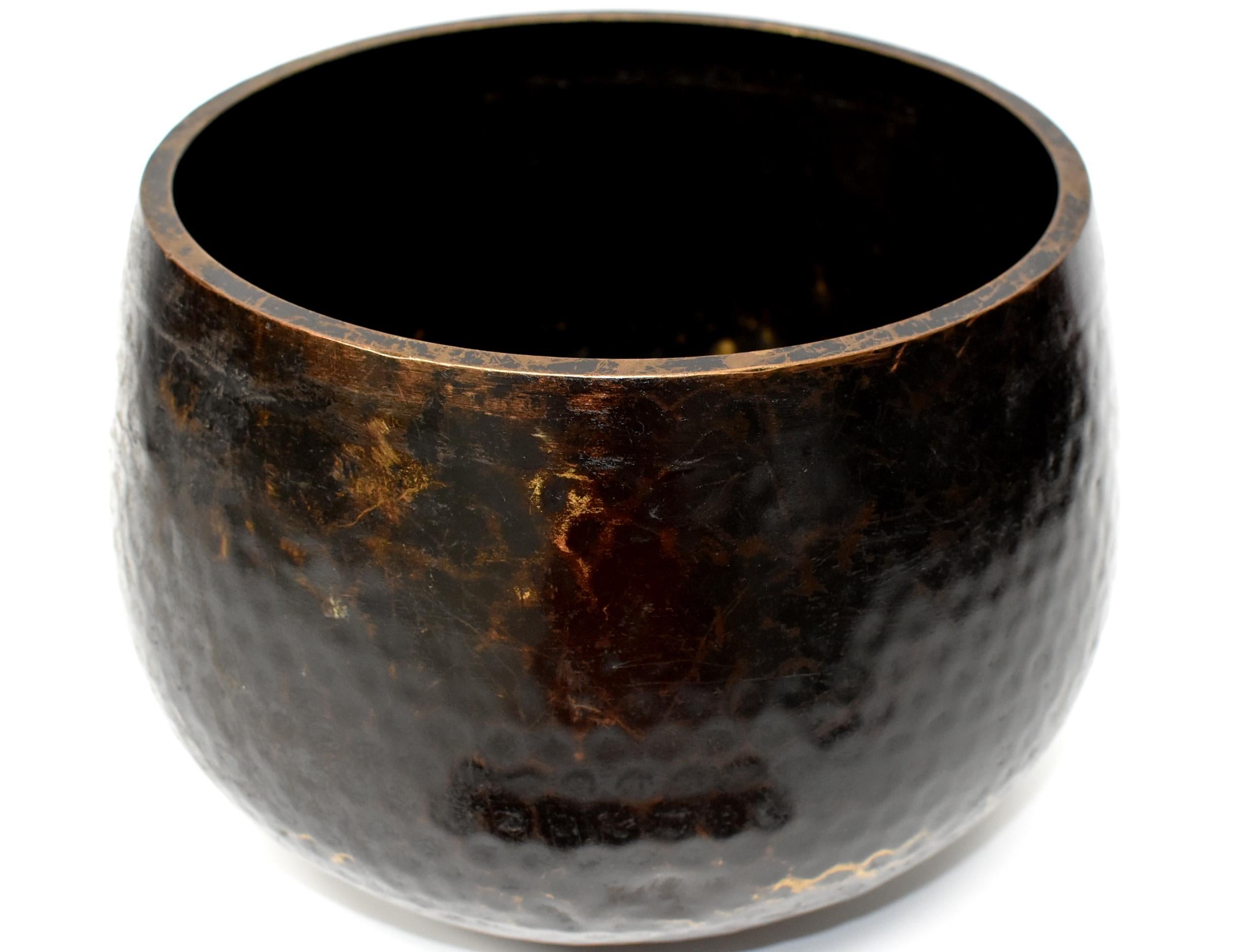 Large Japanese Antique Bronze Singing Bowl 1, Black, Hand Hammered In Good Condition In Somis, CA