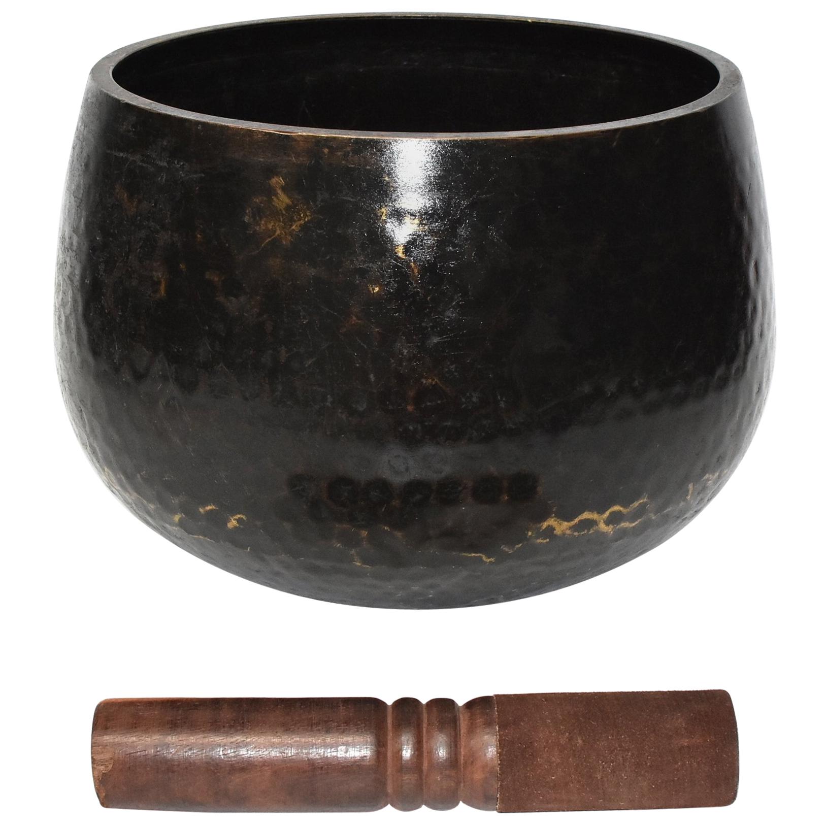 Large Japanese Antique Bronze Singing Bowl 1, Black, Hand Hammered