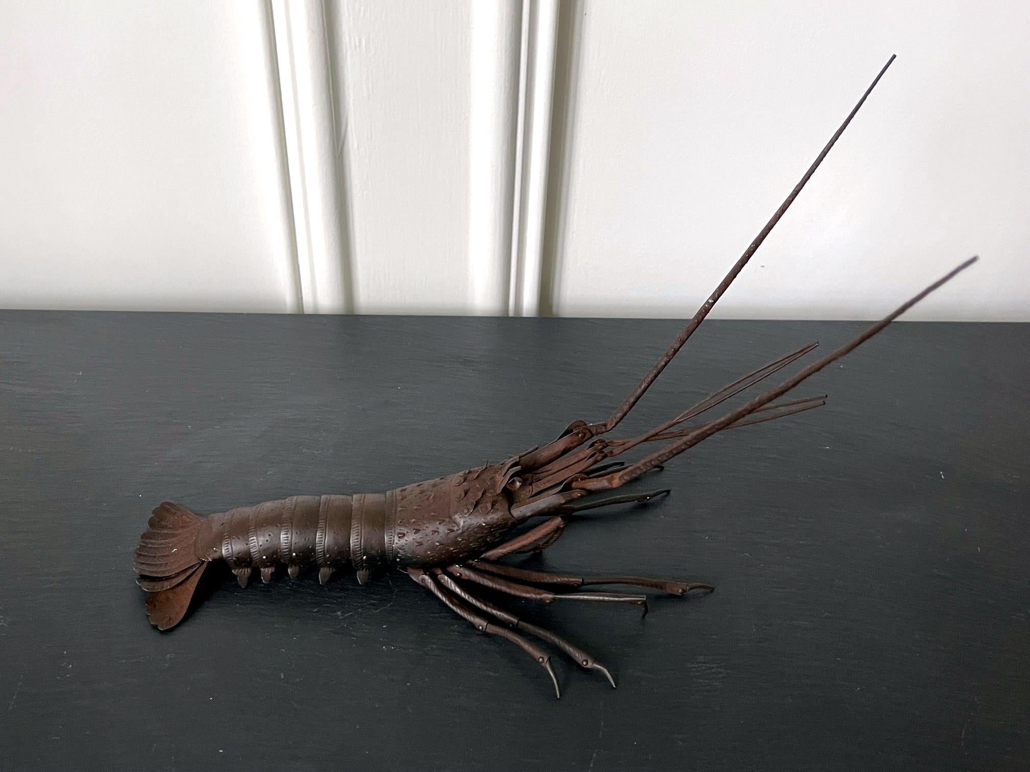 Large Japanese Articulate Iron Lobster Jizai Okimono Signed In Good Condition In Atlanta, GA