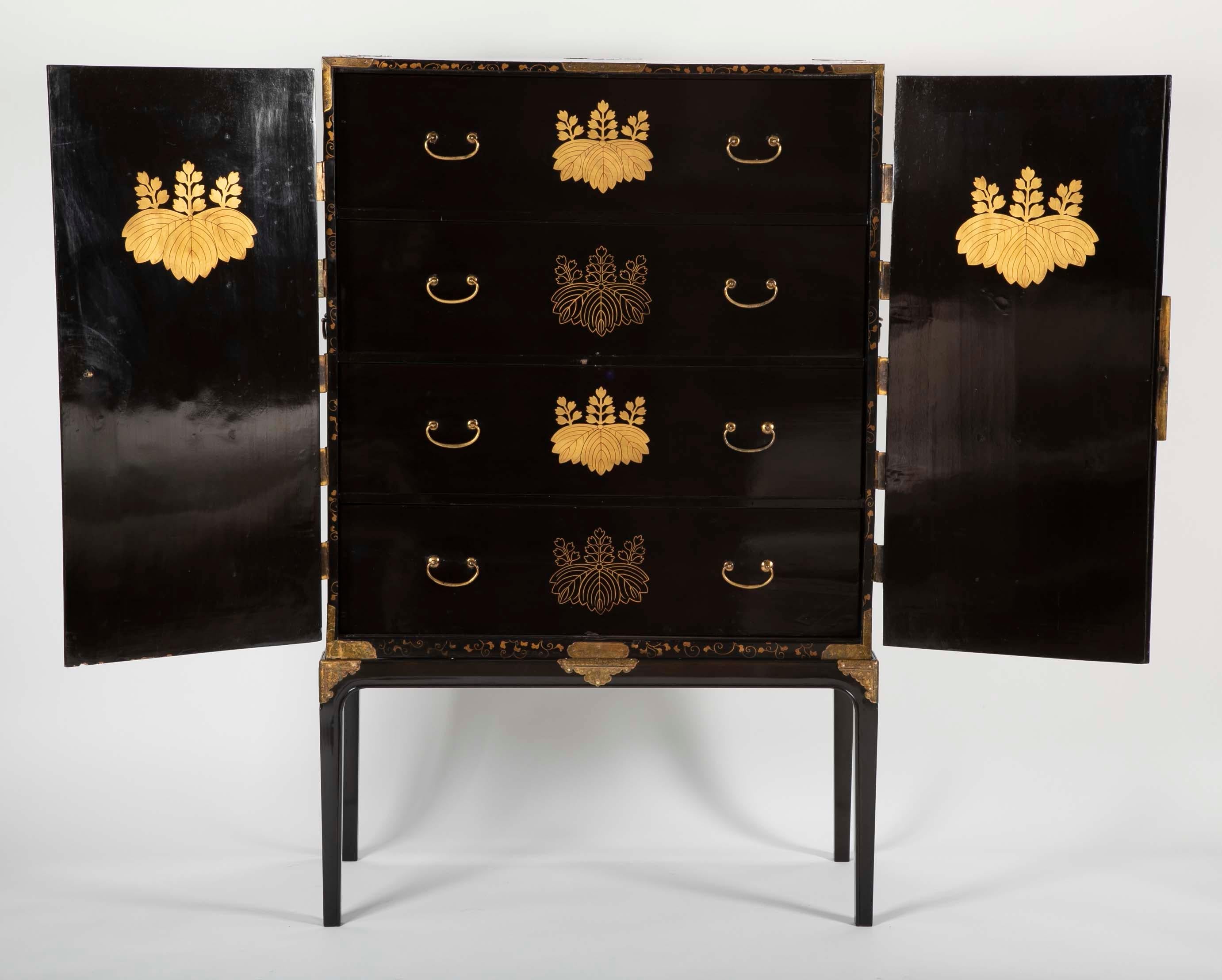 Large Japanese Black and Gold Lacquered Cabinet on Stand with Gilt Mounts 4