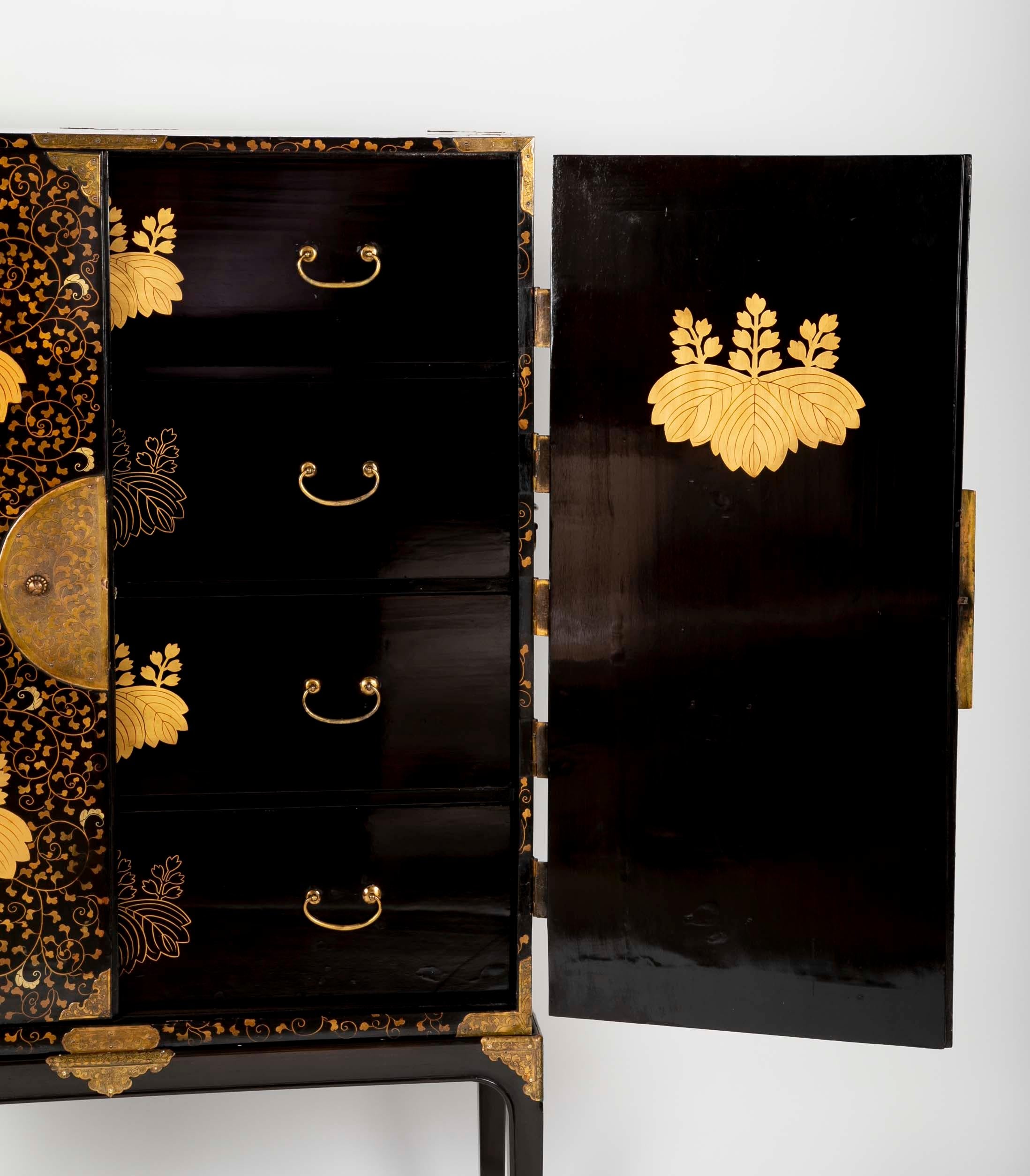 Large Japanese Black and Gold Lacquered Cabinet on Stand with Gilt Mounts 5