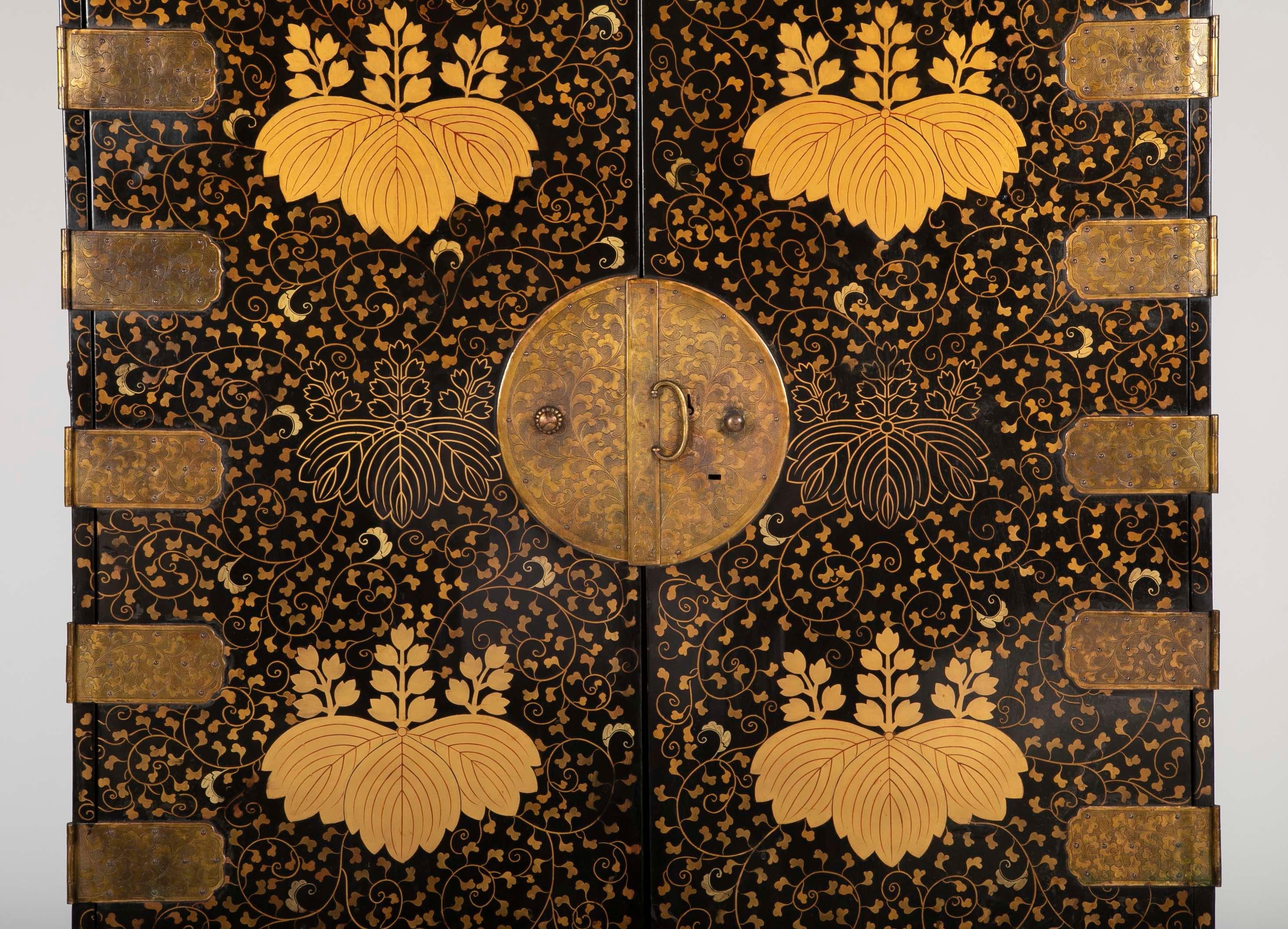 Edo Large Japanese Black and Gold Lacquered Cabinet on Stand with Gilt Mounts