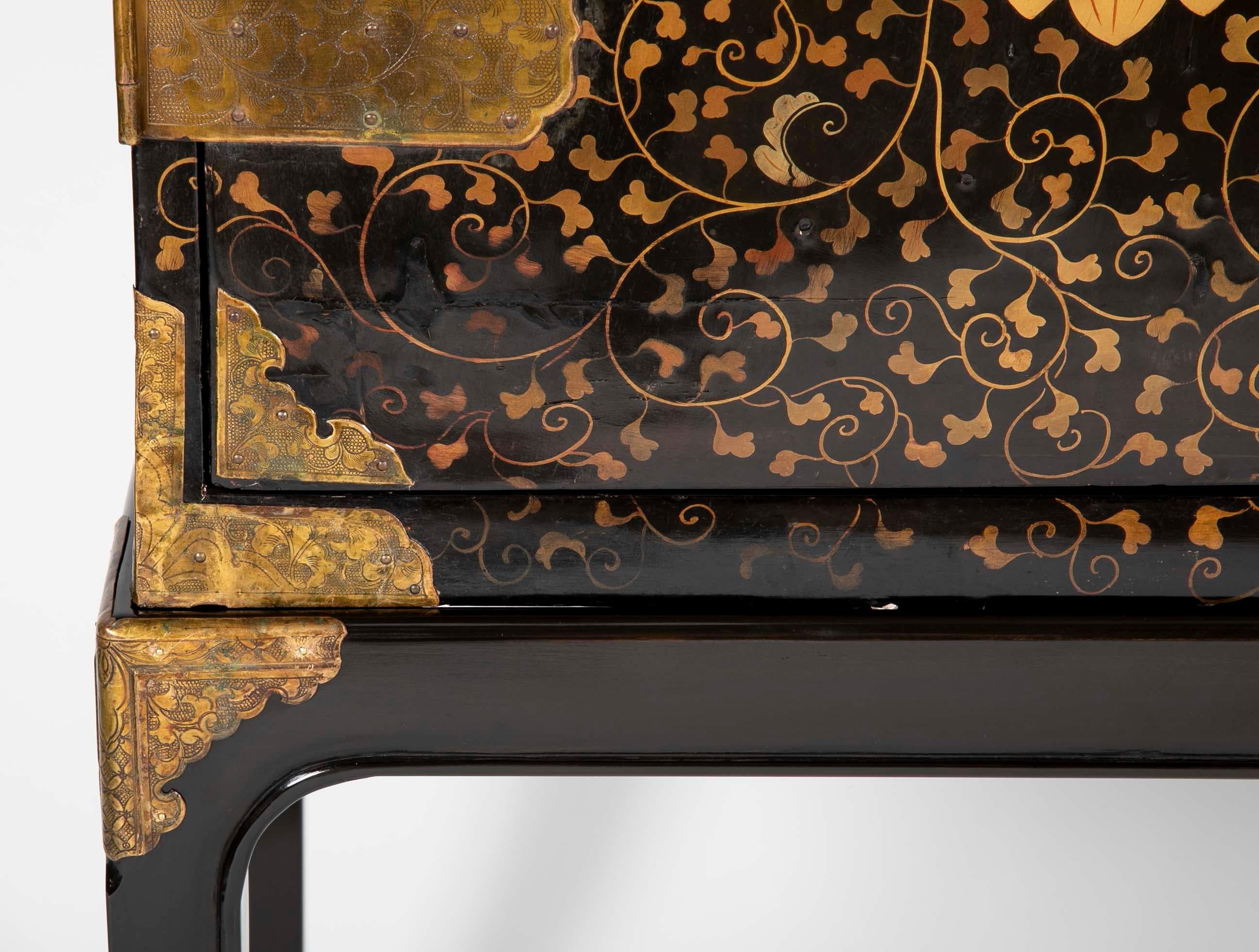 Mid-19th Century Large Japanese Black and Gold Lacquered Cabinet on Stand with Gilt Mounts