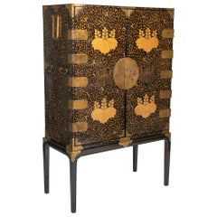 Large Japanese Black and Gold Lacquered Cabinet on Stand with Gilt Mounts