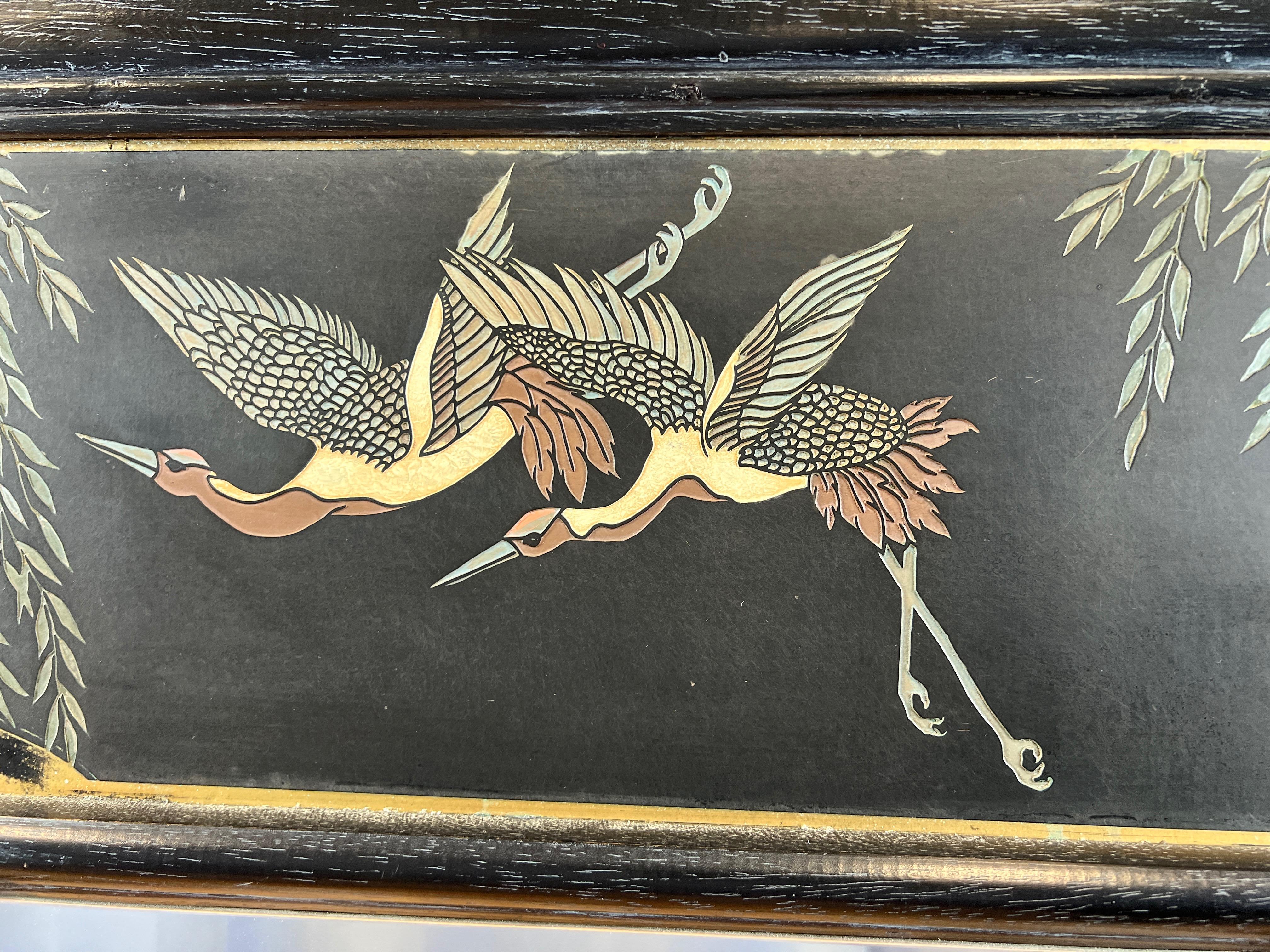 Late 20th Century Large Japanese Black Crane and Camellia-Motif Relief Carved Wall Mirror, 1970s For Sale
